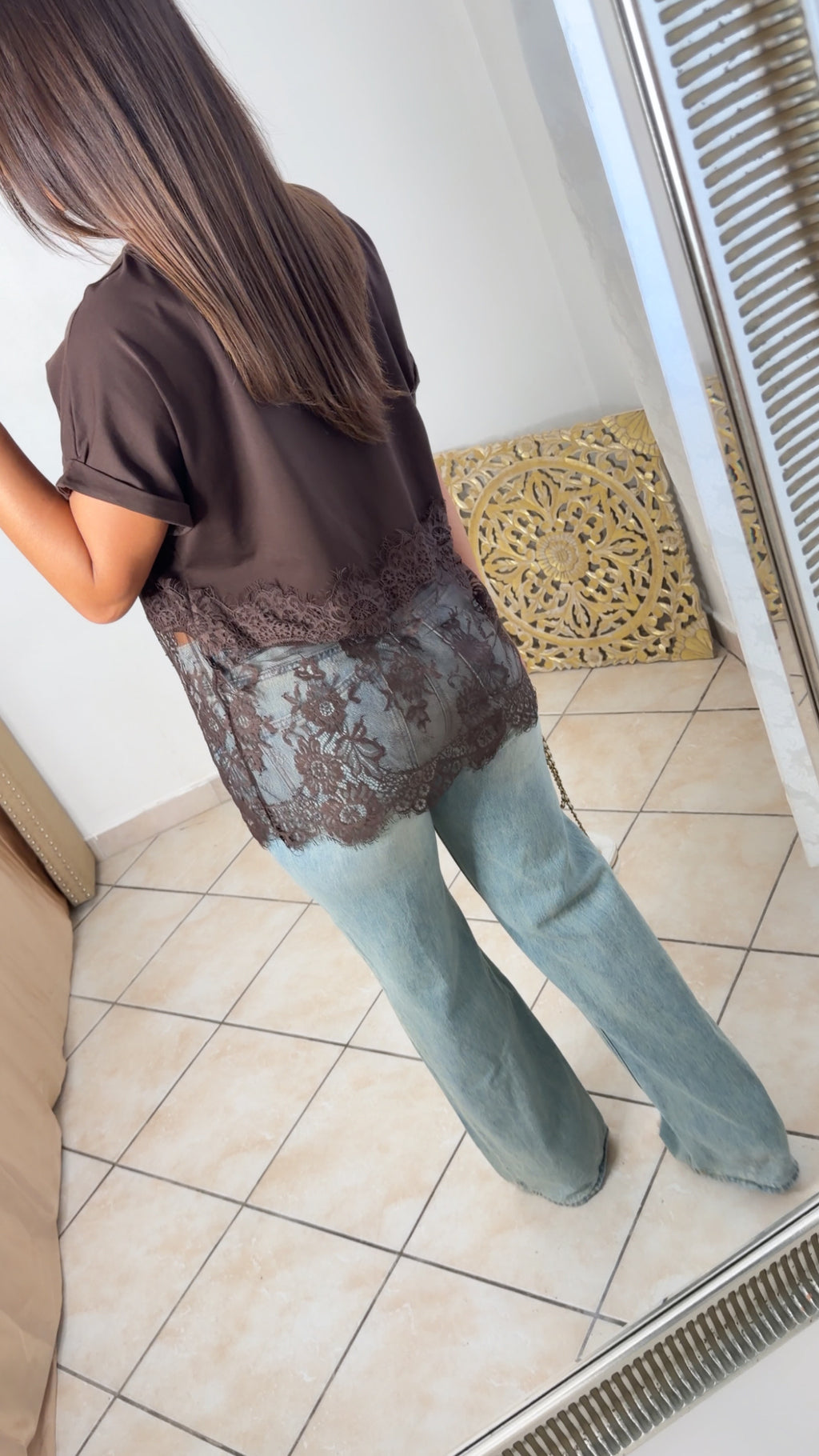 T-shirt bimatière en dentelle [MARRON]
