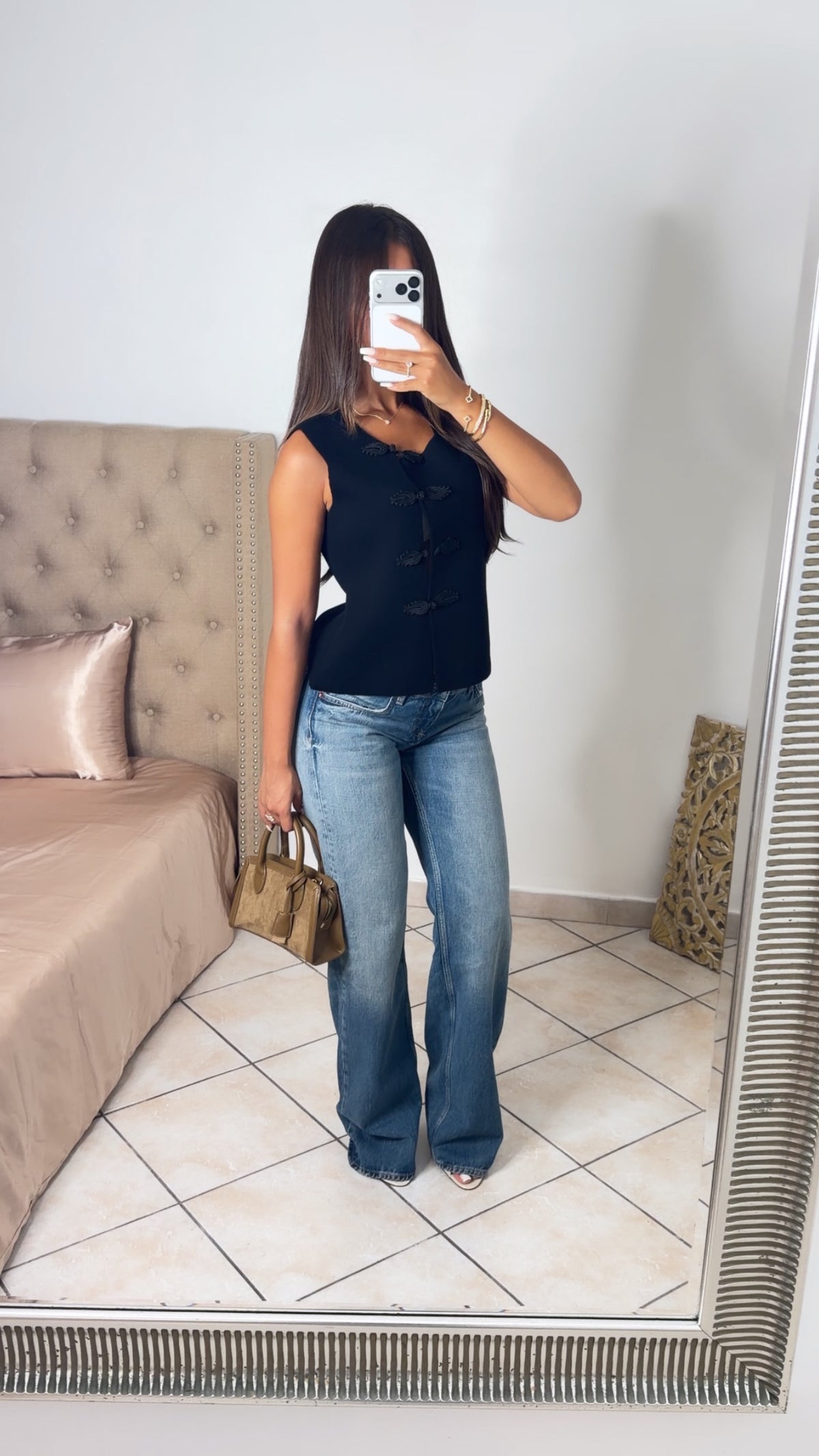 Top en maille sans manches à boutons style asiatique [NOIR]