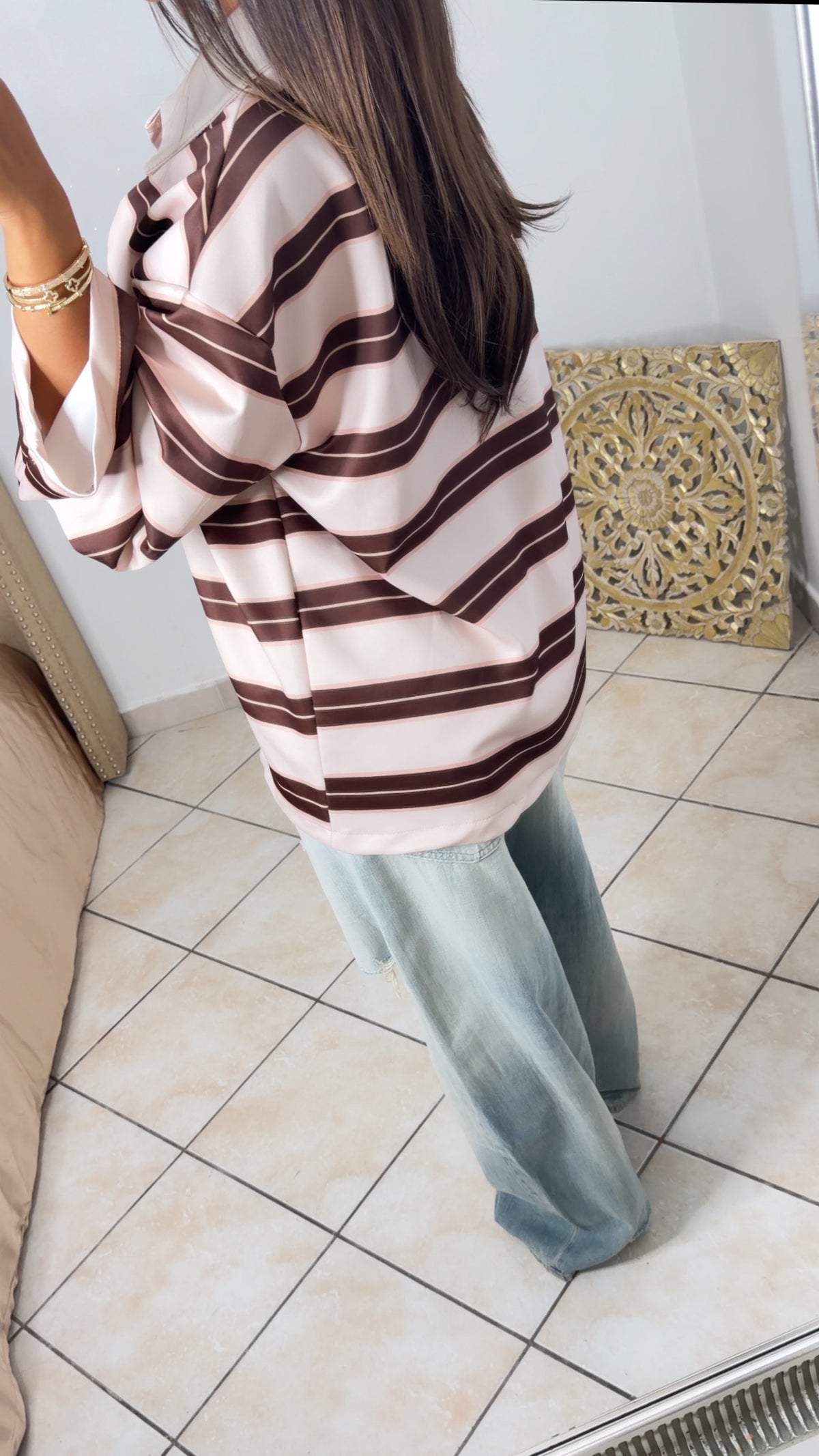 Pull oversize façon polo à rayures [BEIGE]