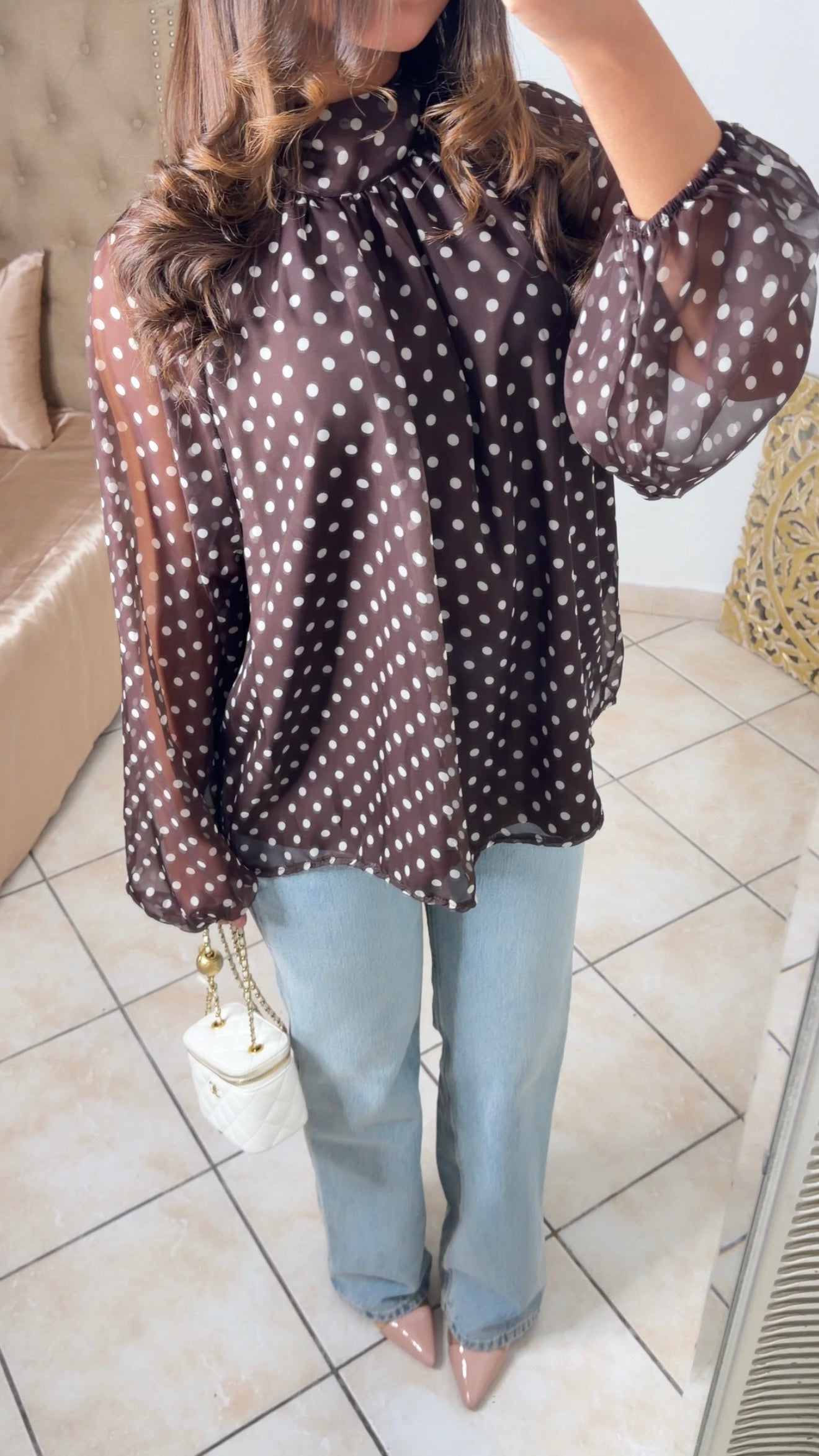 Blouse transparente à pois [MARRON]