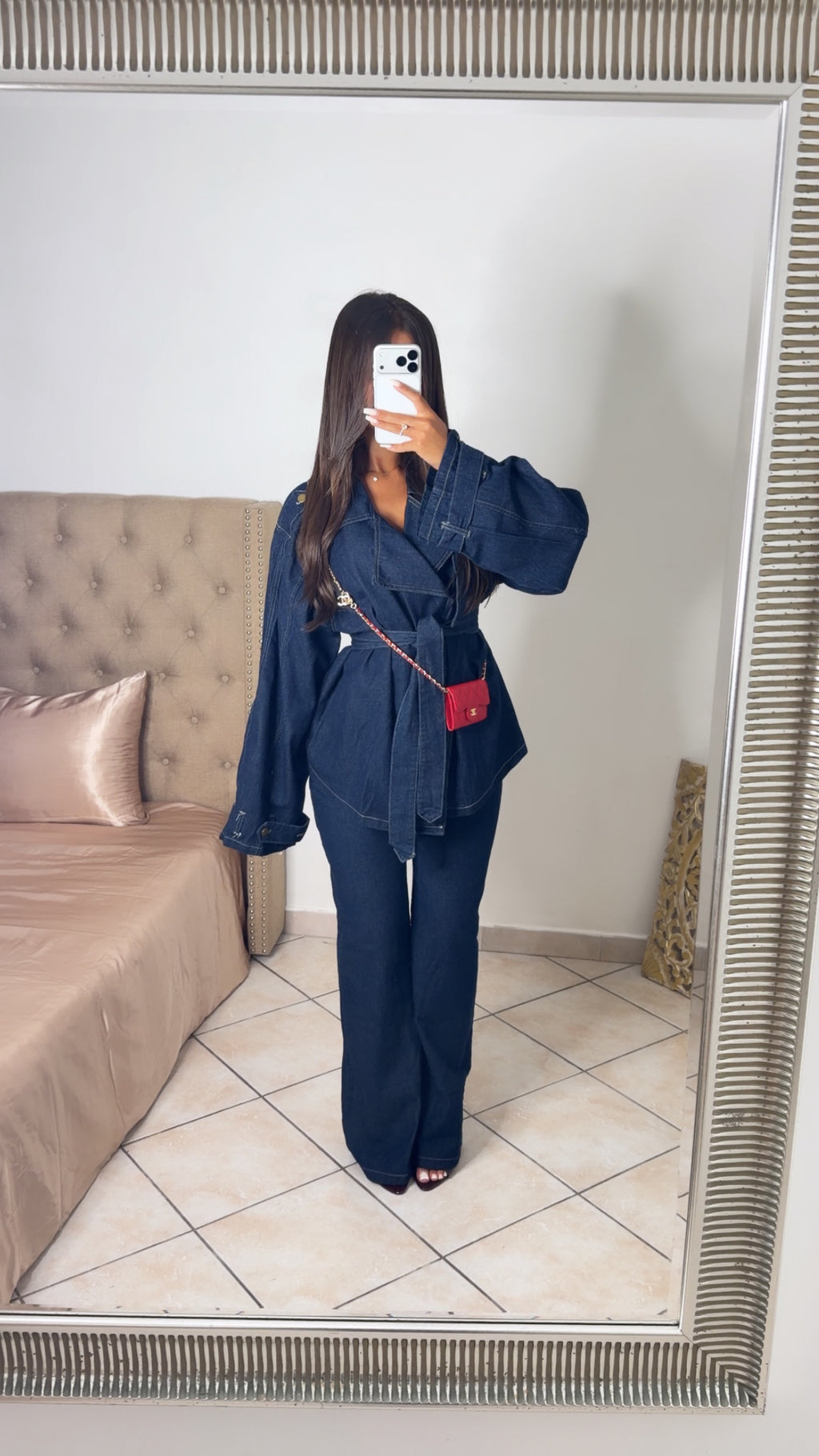 Ensemble veste trench et pantalon droit en jean épais [JEAN BRUT]