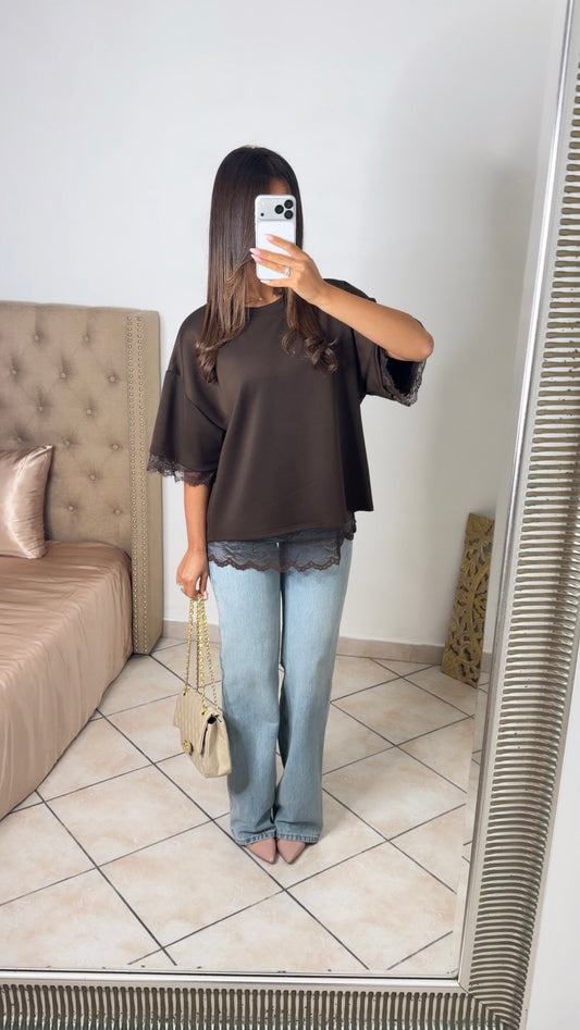 T-shirt oversize dos en dentelle MARRON [PRECOMMANDE]