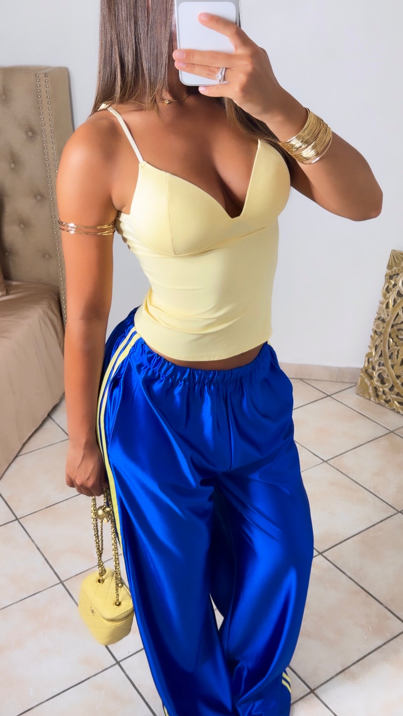 Pantalon satiné à bandes [BLEU]