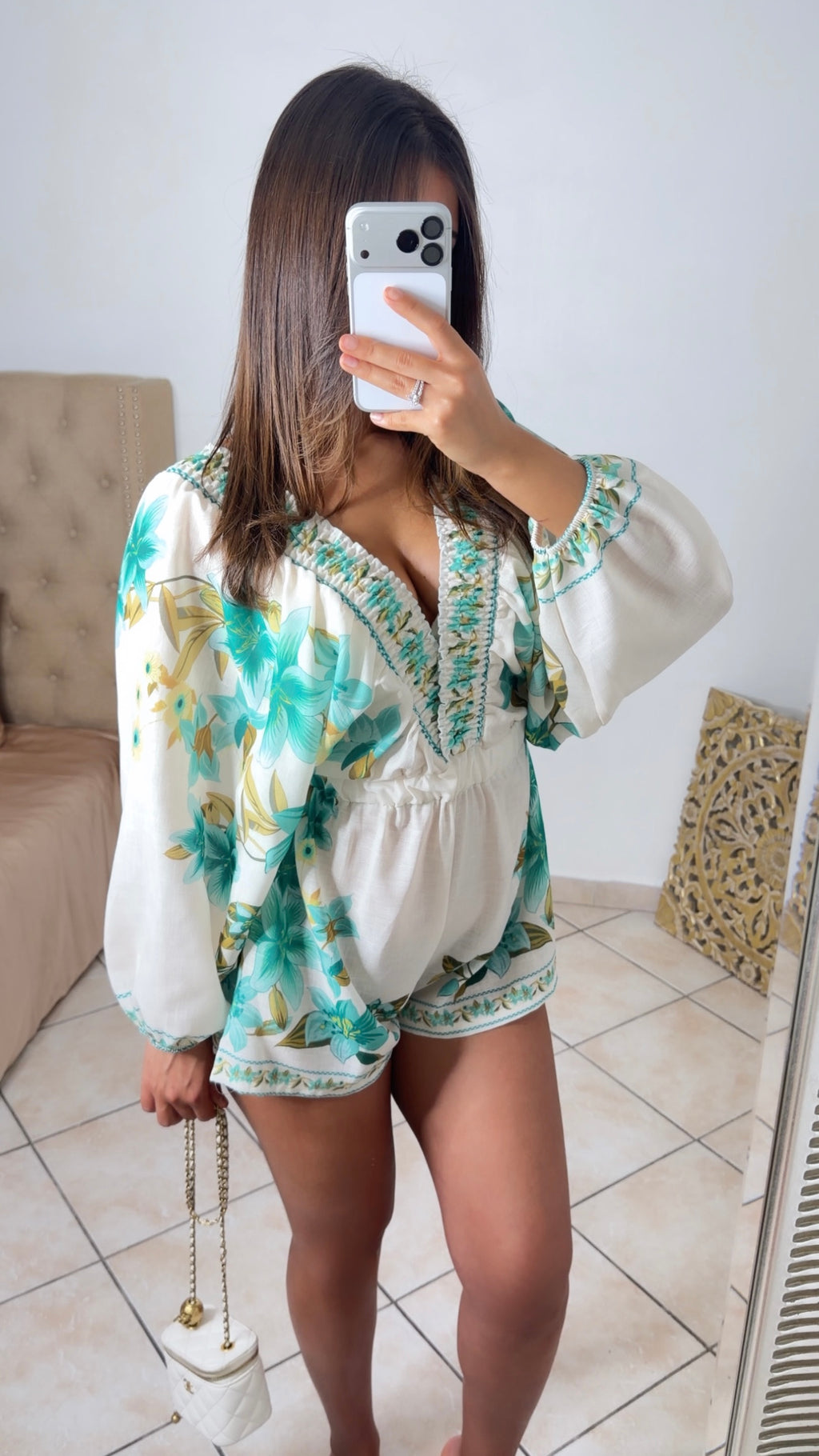 Combishort fleuris à manches bouffantes [MENTHE]
