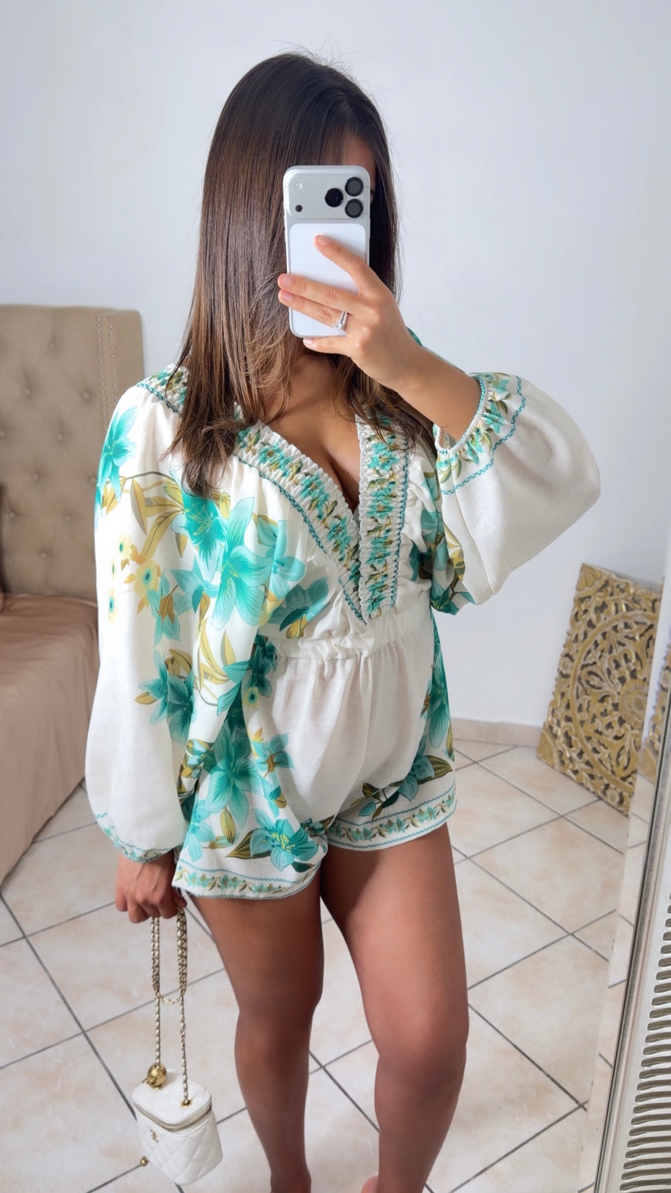 Combishort fleuris à manches bouffantes [MENTHE]