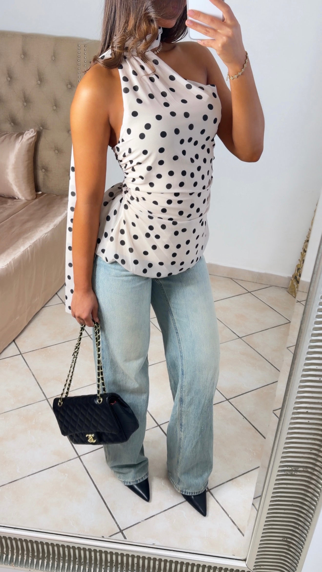 Top cintré écharpe à pois [BEIGE]