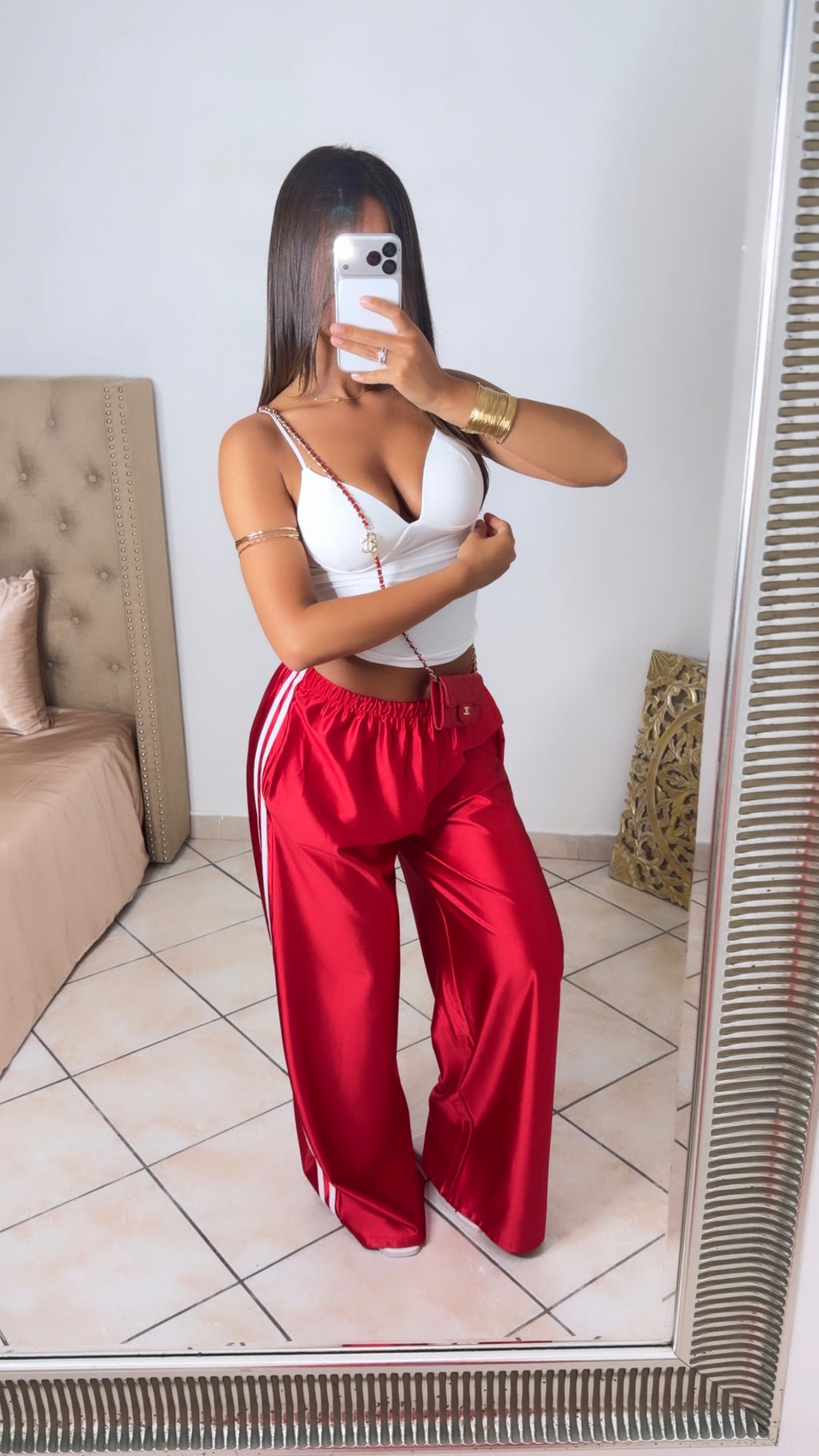 Pantalon satiné à bandes [ROUGE]