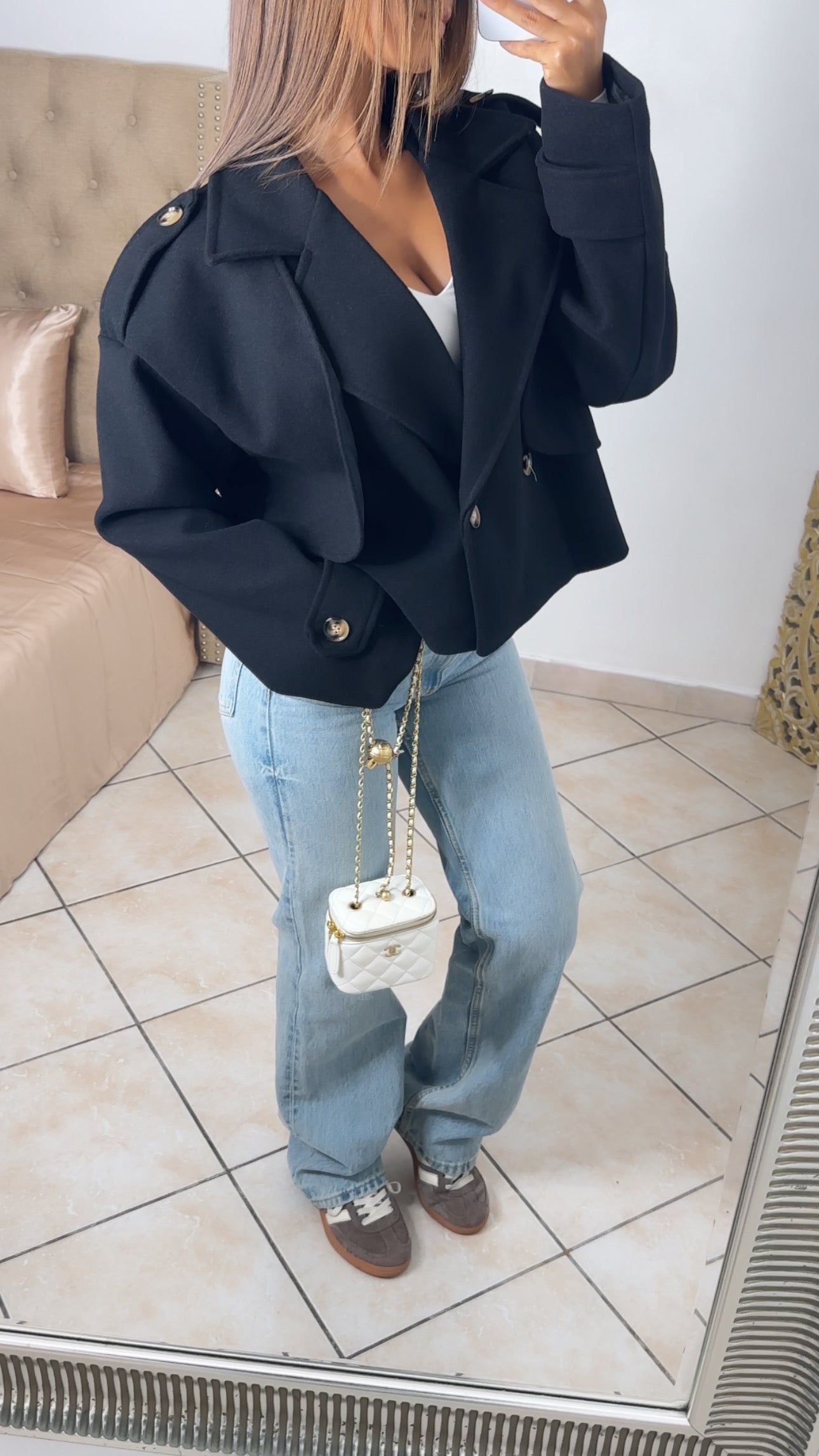 Manteau trench court effet laine [NOIR]