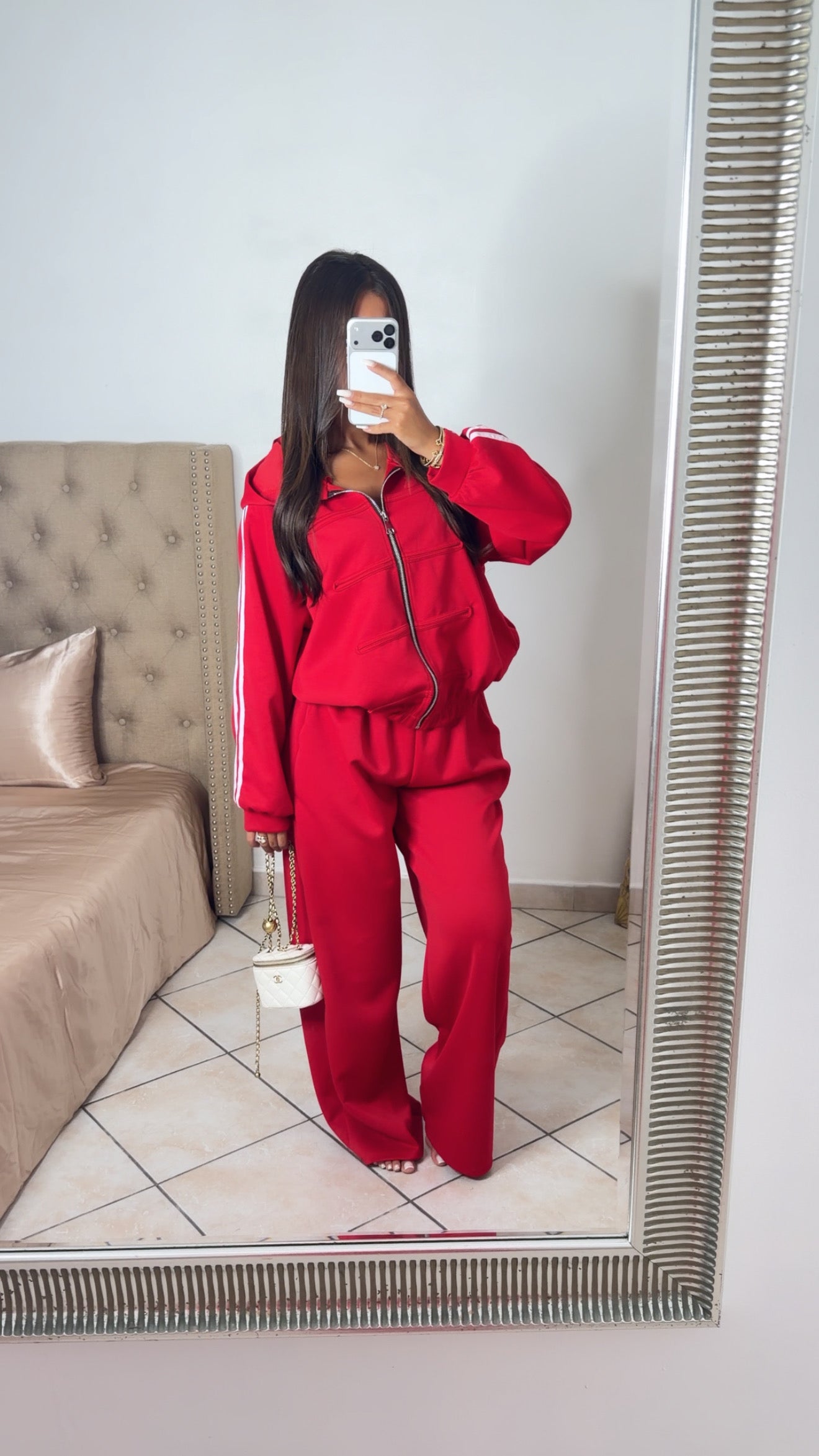 Ensemble sweat zippé détail asiatique et pantalon [ROUGE]