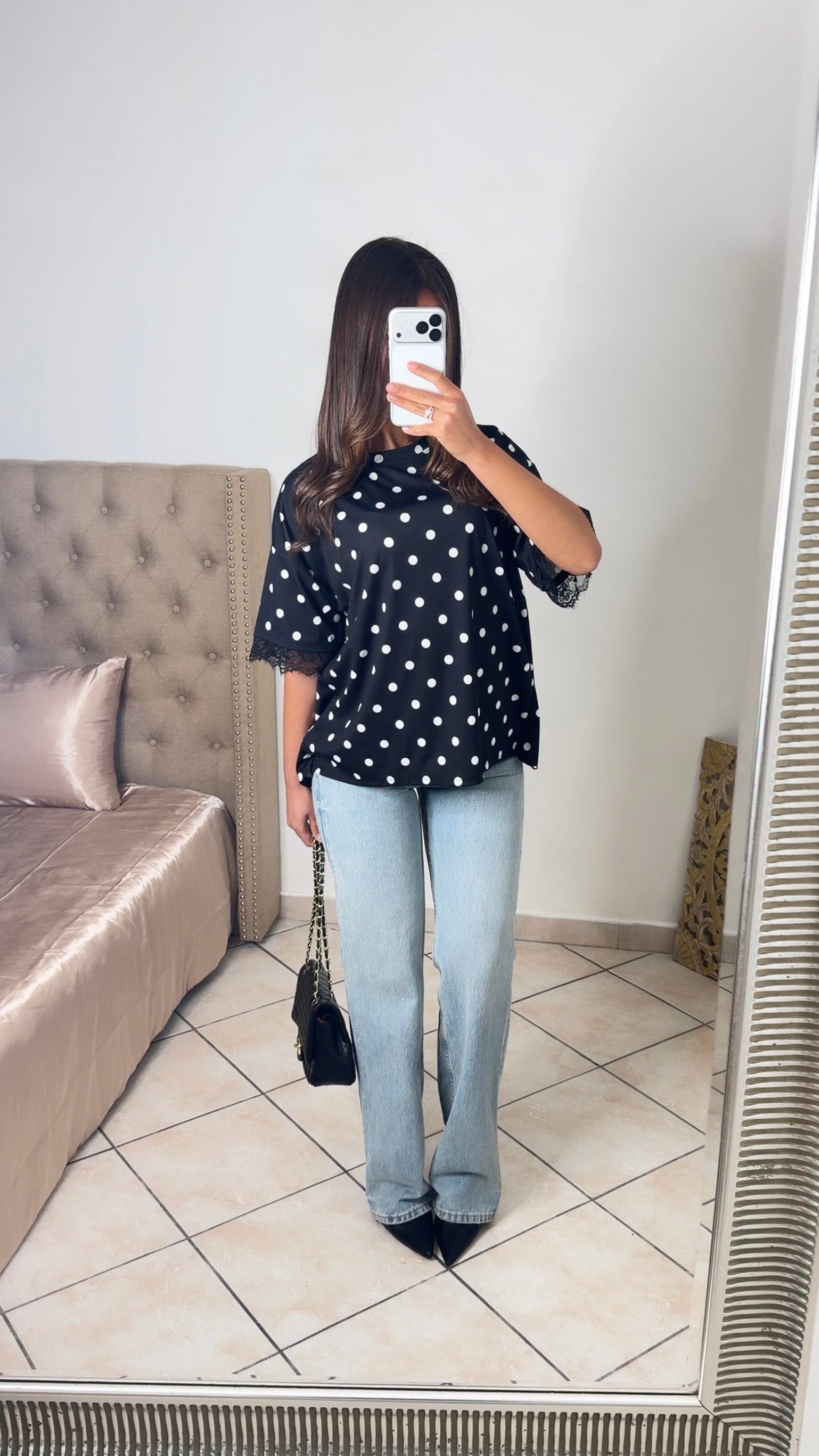T-shirt dos en dentelle à pois [NOIR]