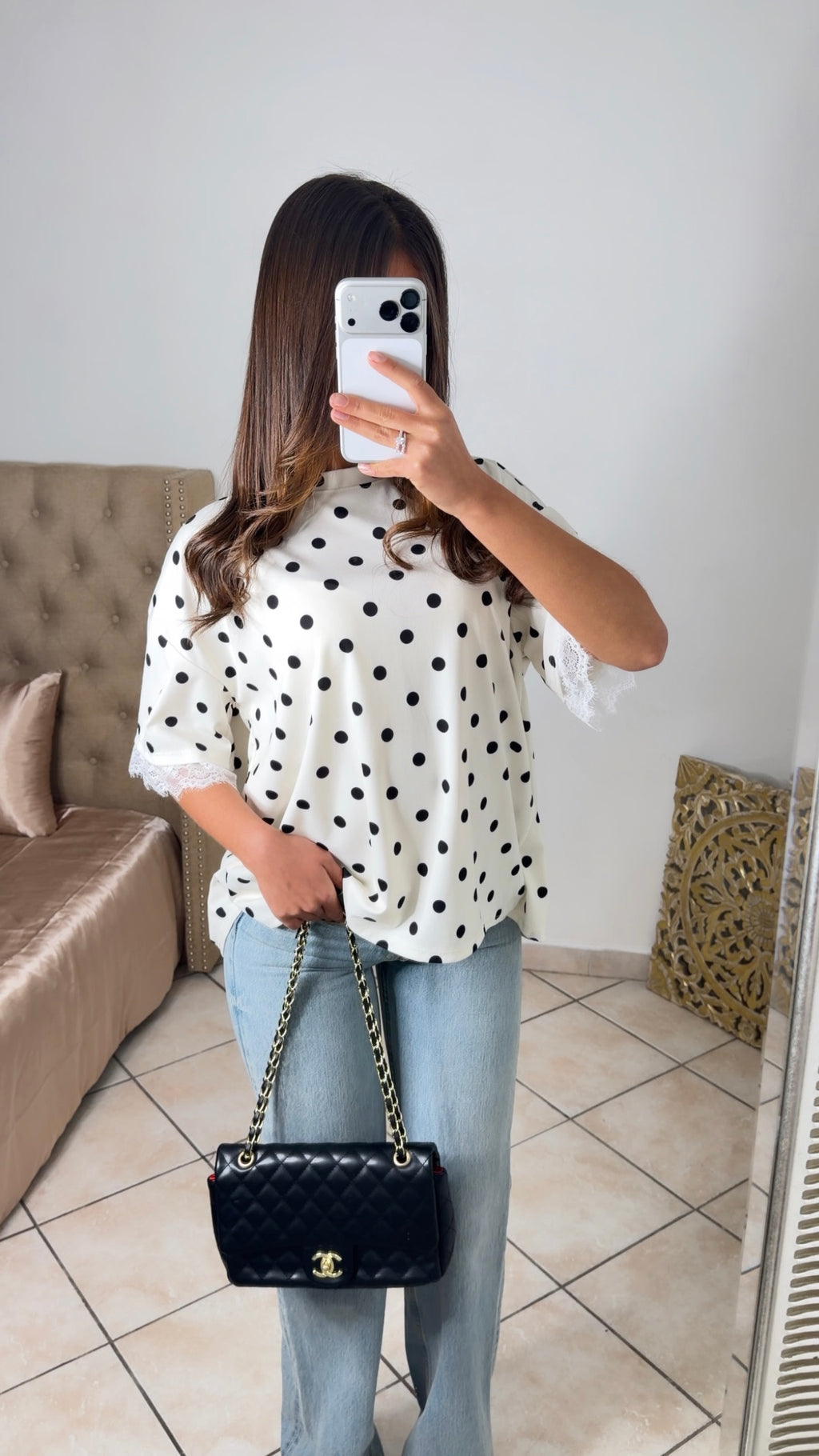 T-shirt dos en dentelle à pois [BLANC]