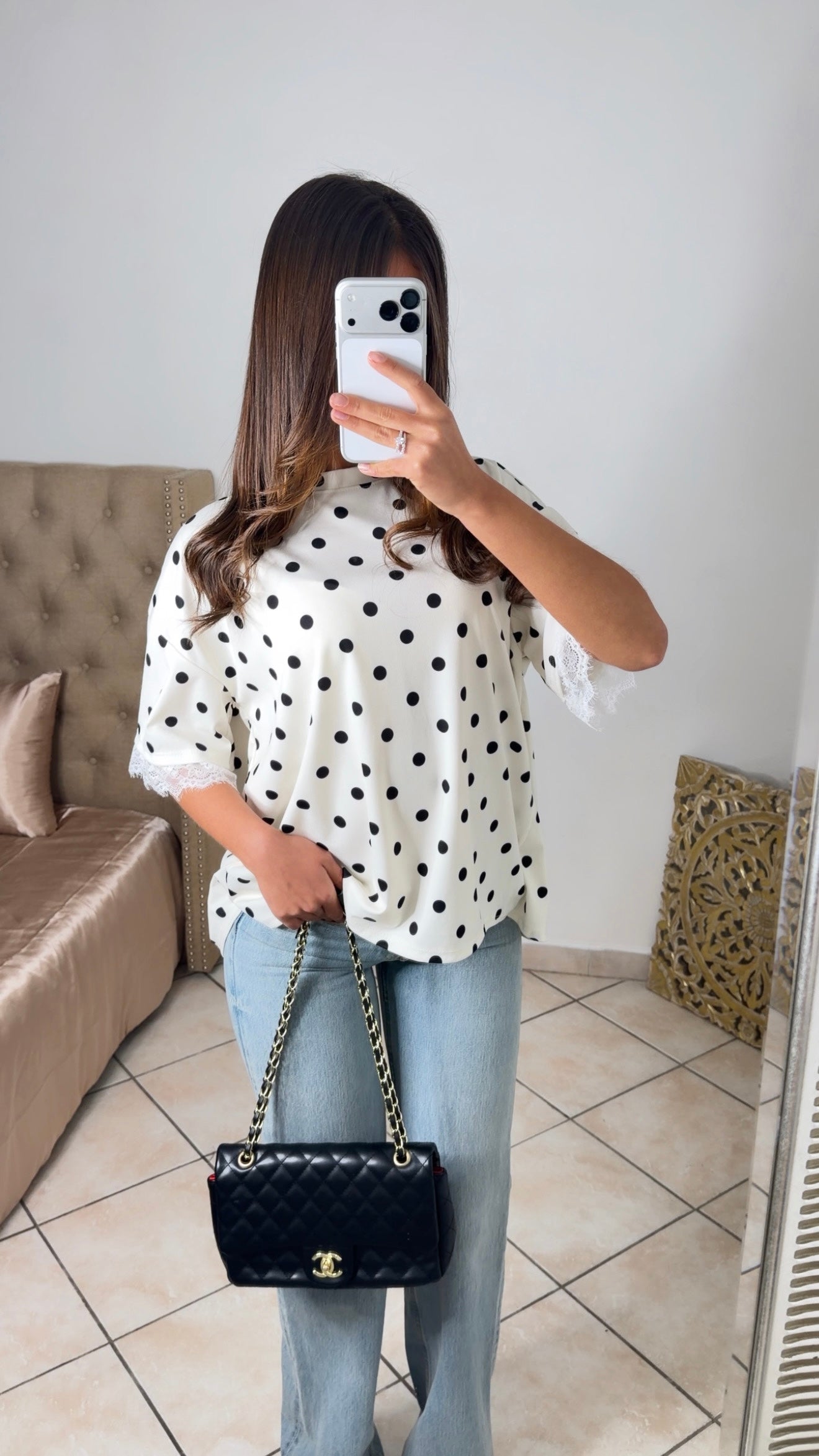 T-shirt dos en dentelle à pois [BLANC]