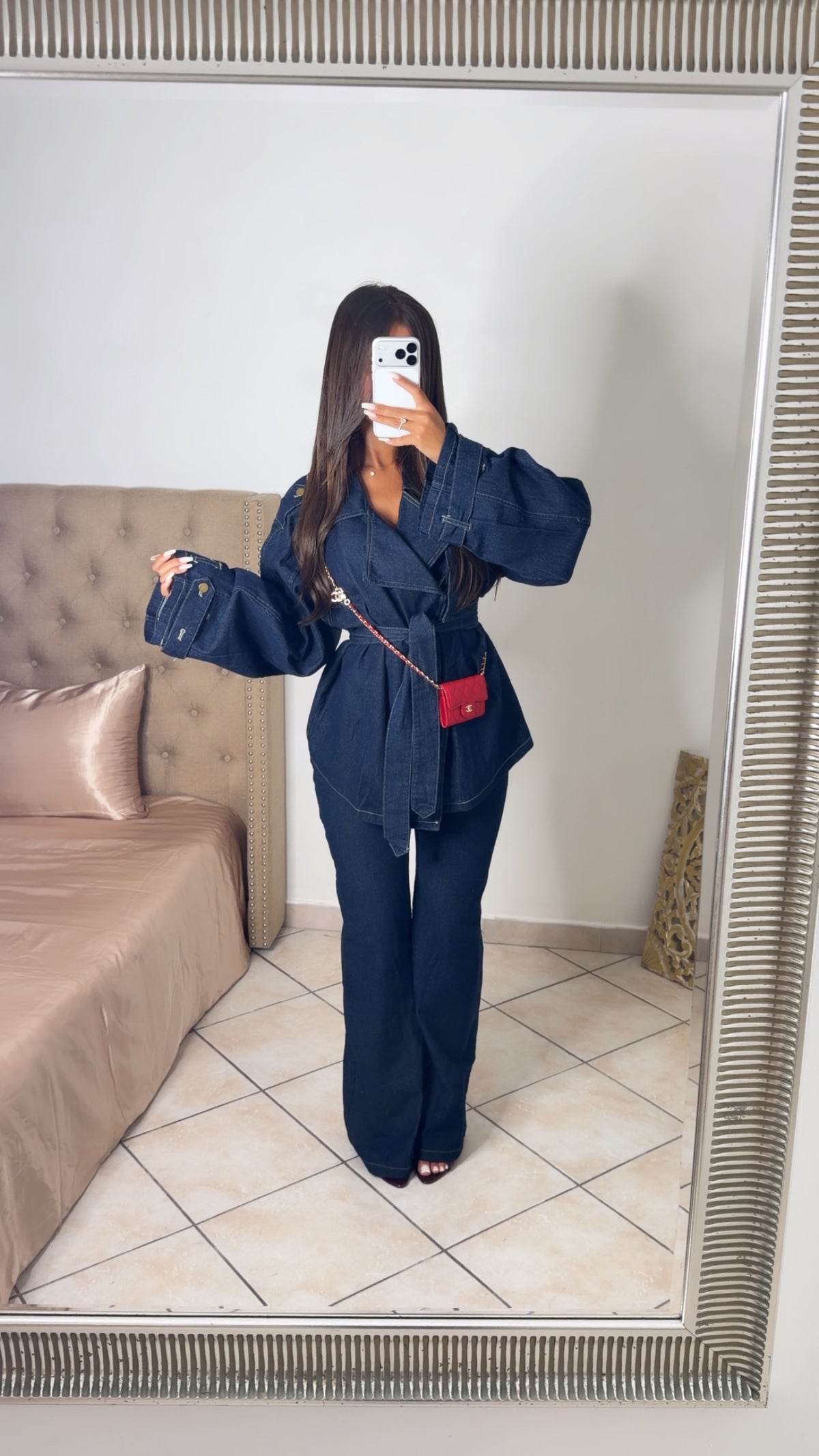 Ensemble veste trench et pantalon droit en jean épais [JEAN BRUT]