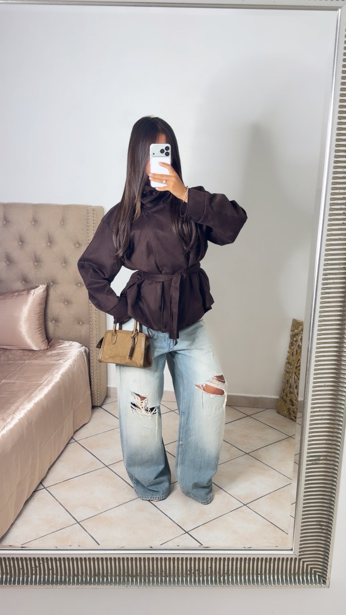 Veste en daim structurée à la taille [MARRON]