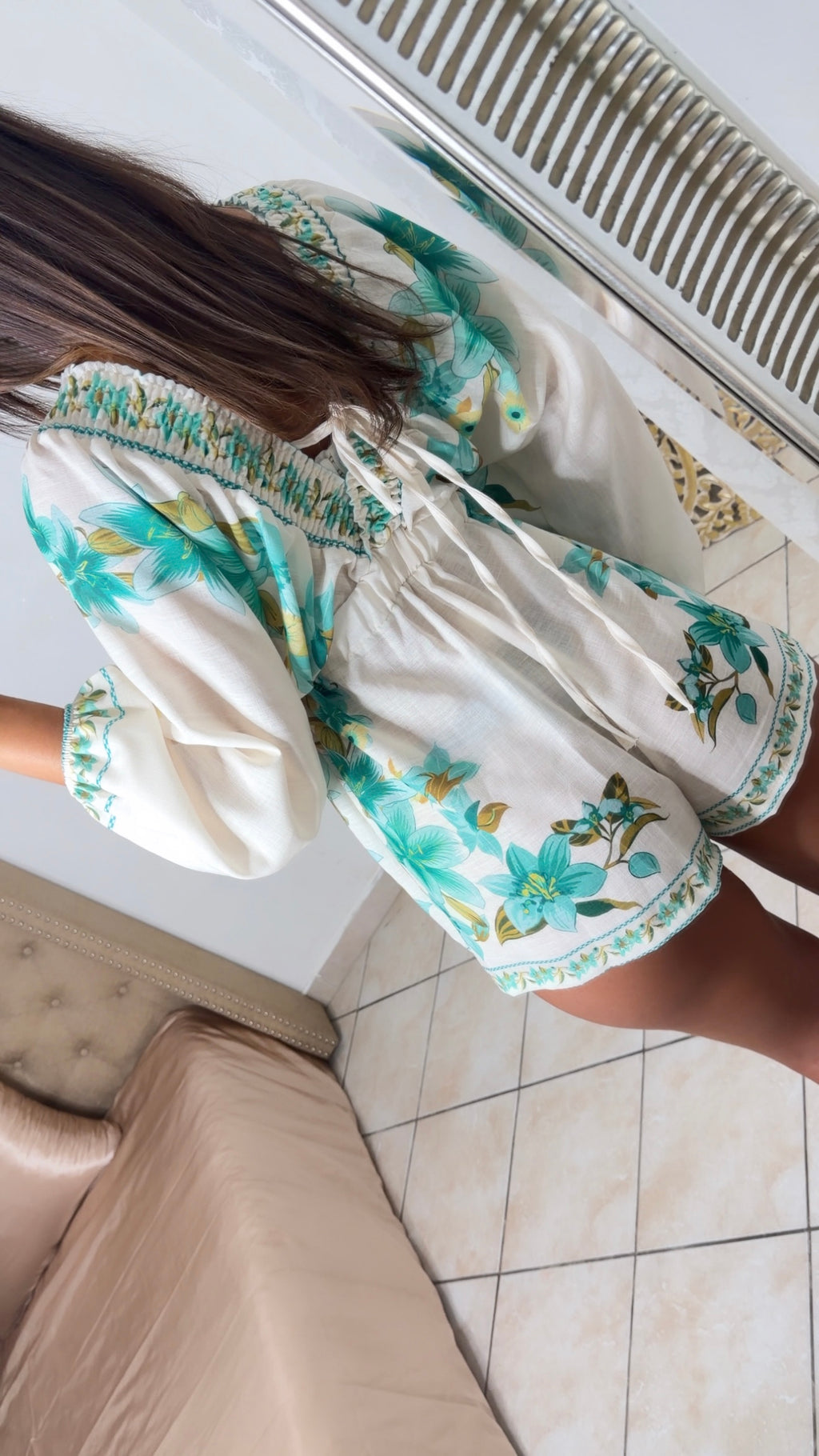 Combishort fleuris à manches bouffantes [MENTHE]