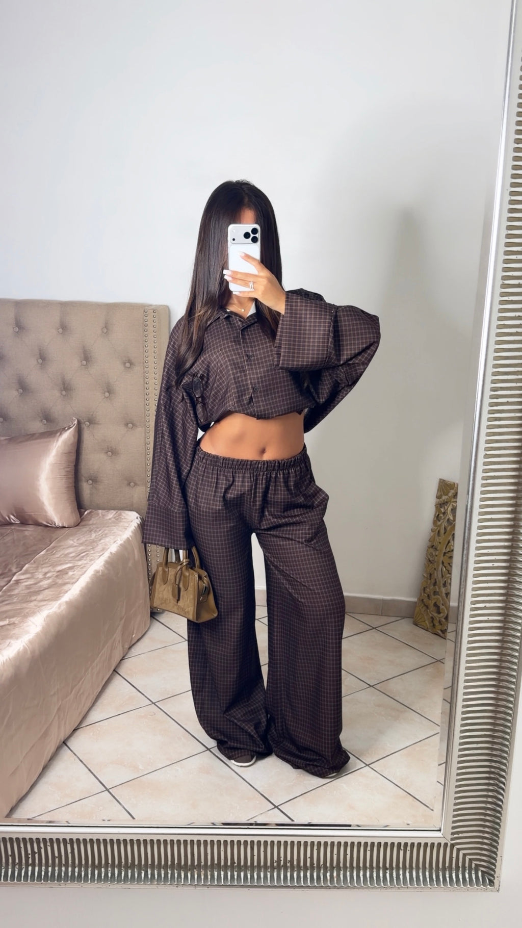 Ensemble chemise oversize longue à carreaux [MARRON]