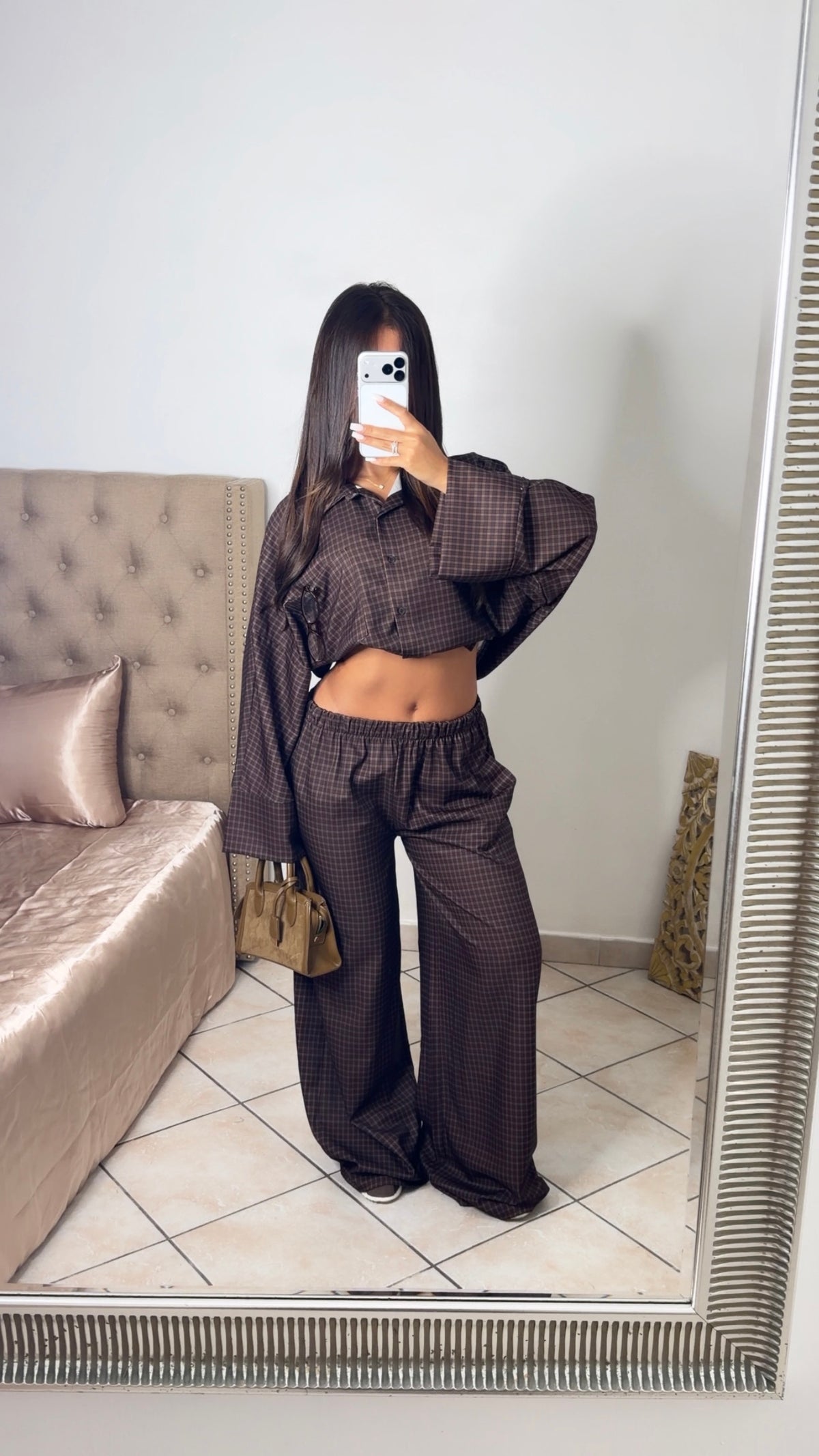 Ensemble chemise oversize longue à carreaux [MARRON]