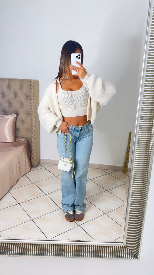 Ensemble débardeur + gilet en maille [CREME]