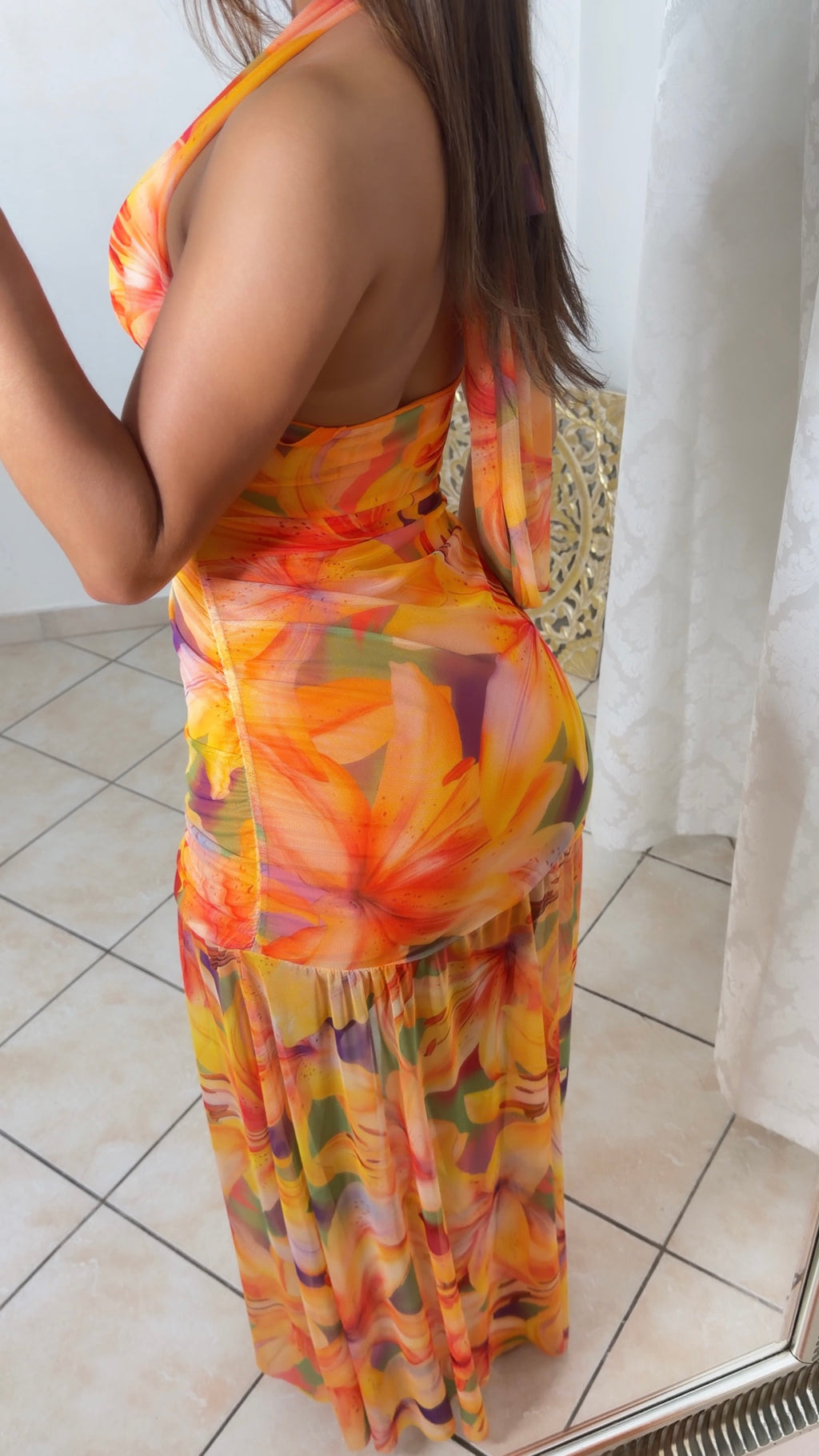 Robe longue drapée à motifs fleuris [ORANGE]