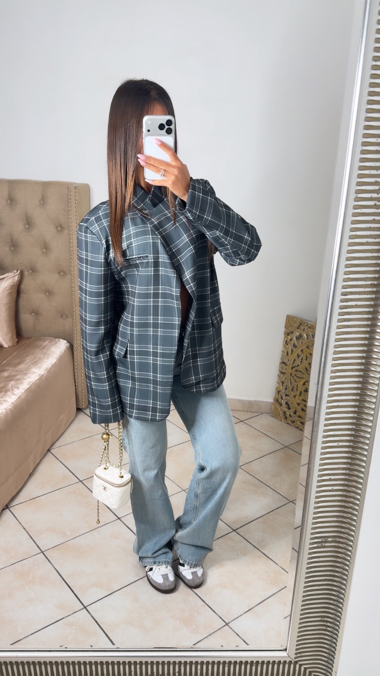 Blazer surdimensionné à carreaux [GRIS]