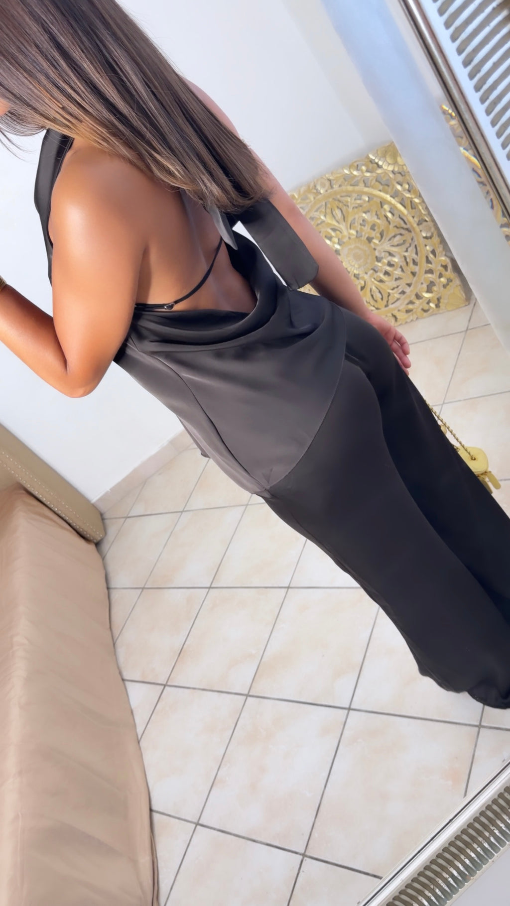 Ensemble col bénitier asymétrique et pantalon satiné [MARRON]