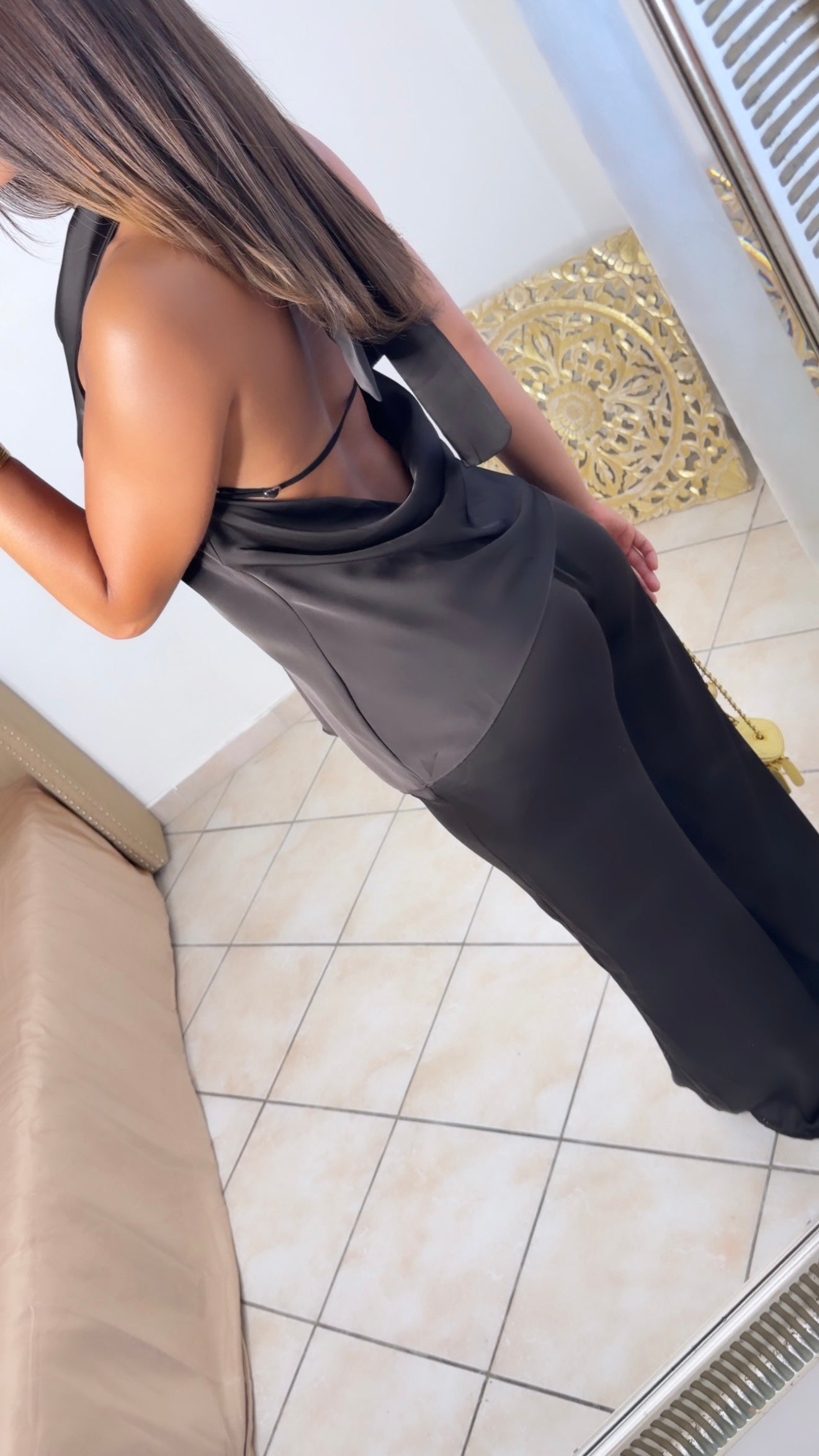 Ensemble col bénitier asymétrique et pantalon satiné [MARRON]