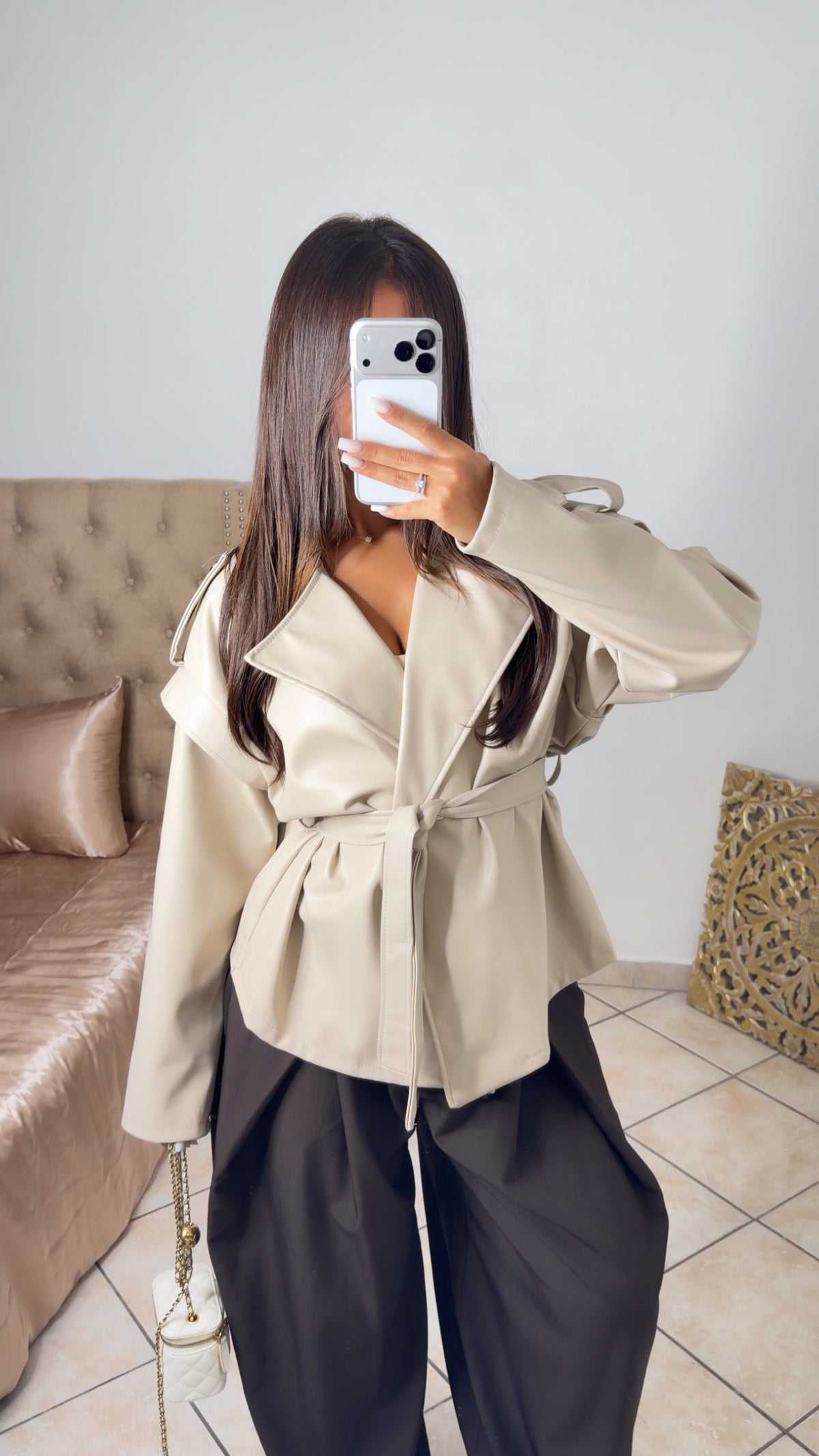 Veste style trench en similicuir [BEIGE]