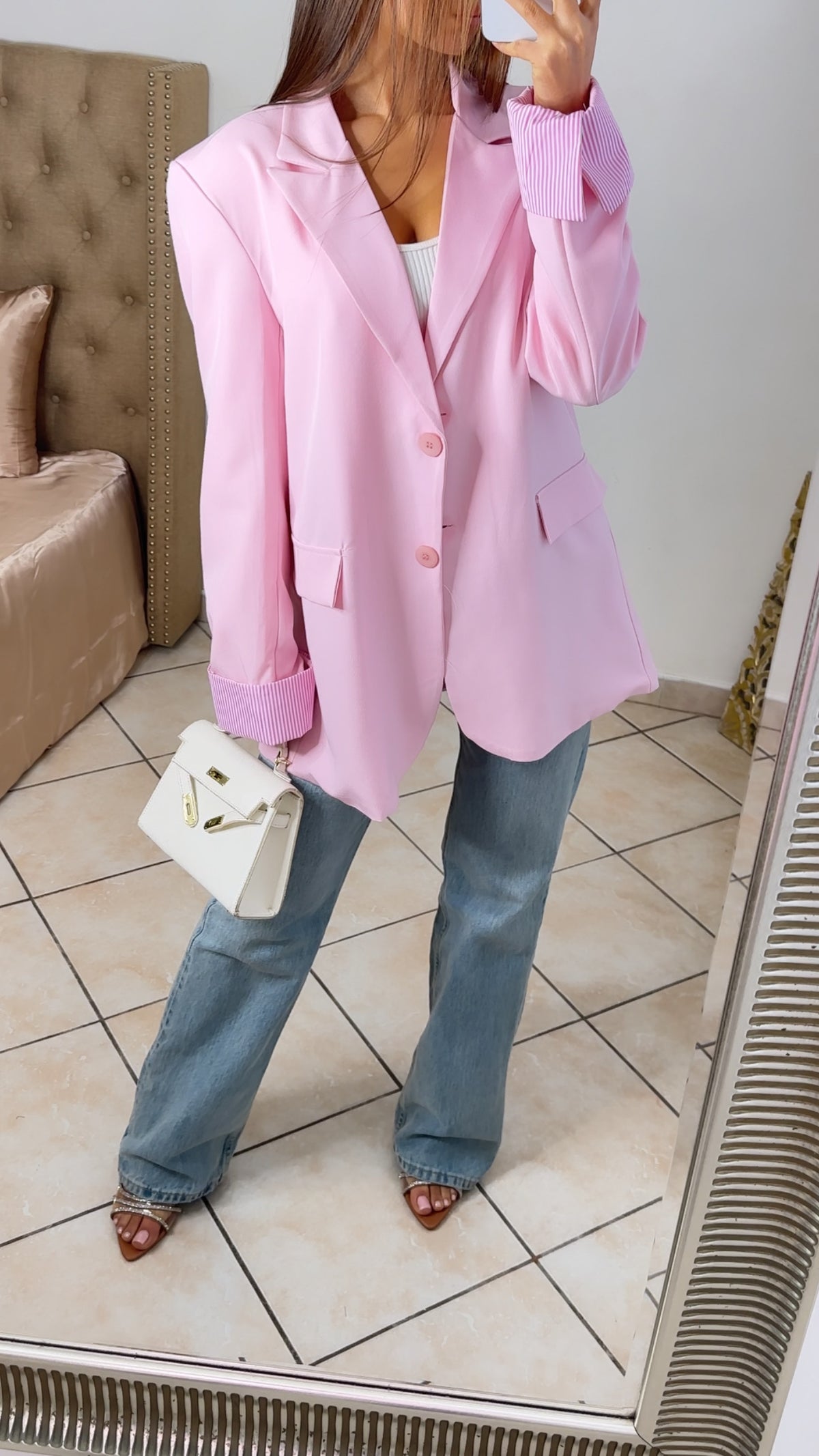 Blazer oversize à revers rayé ROSE [ROSE]