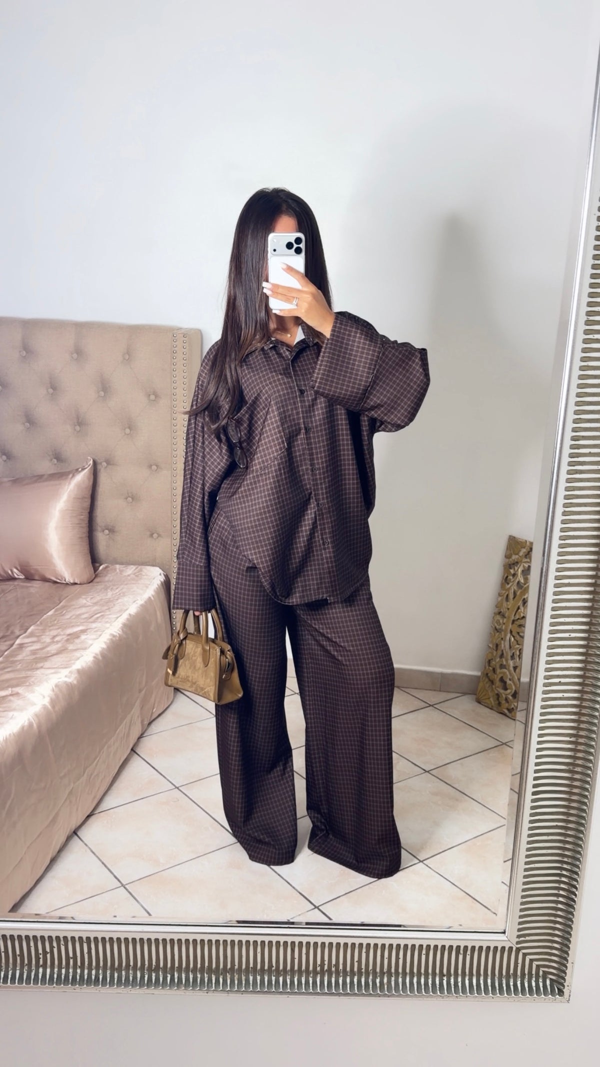 Ensemble chemise oversize longue à carreaux [MARRON]