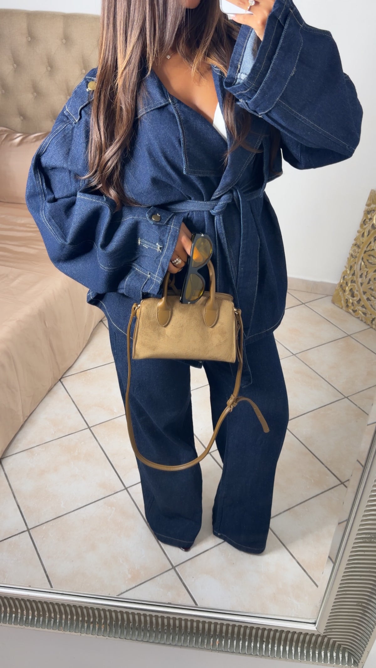 Ensemble veste trench et pantalon droit en jean épais [JEAN BRUT]