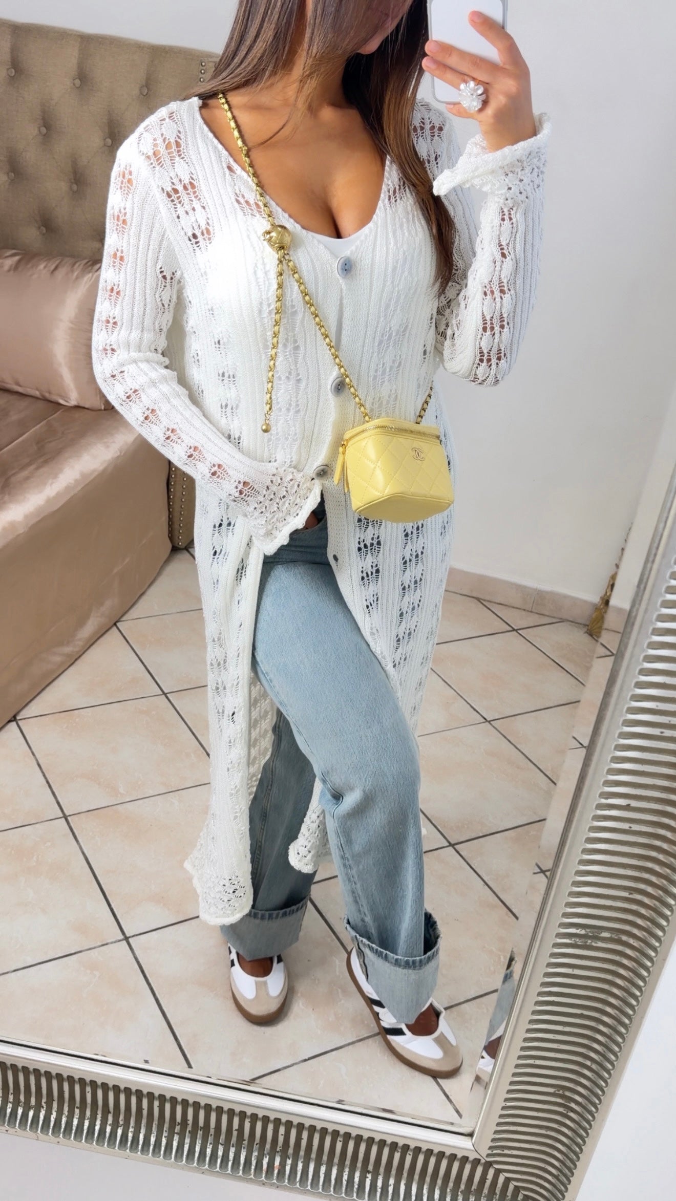 Gilet crochet long à boutons [BLANC]