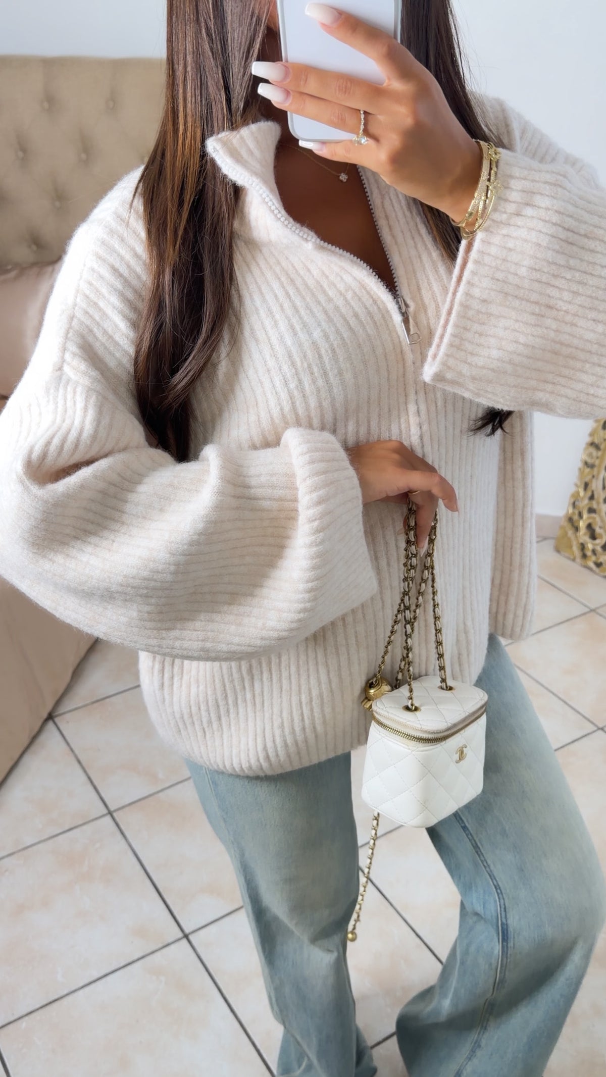 Gilet en maille col montant à zip [CREME]