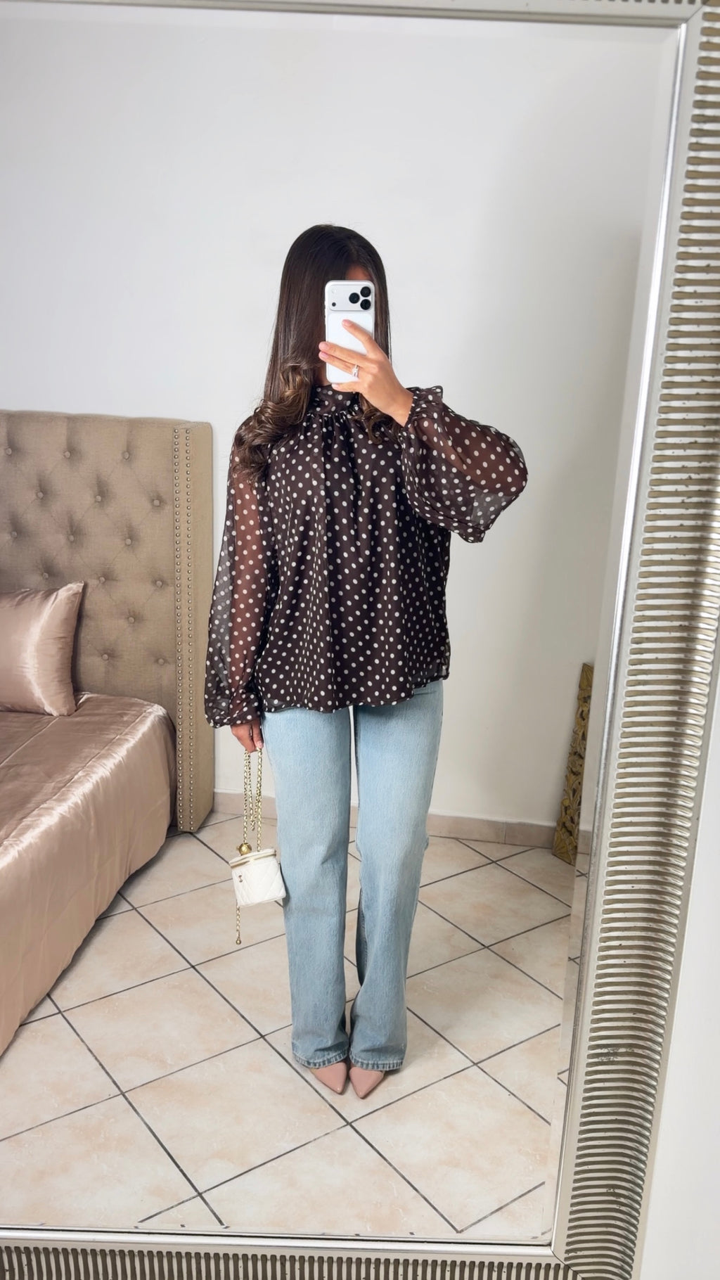 Blouse transparente à pois [MARRON]
