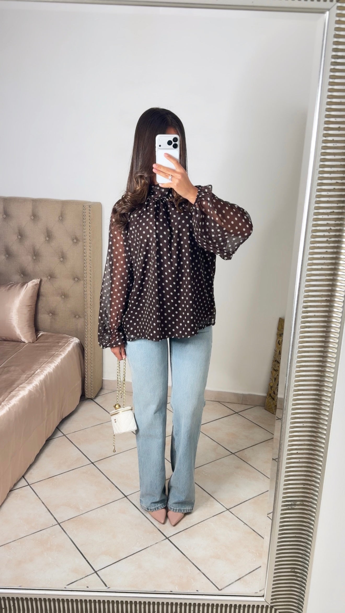 Blouse transparente à pois [MARRON]