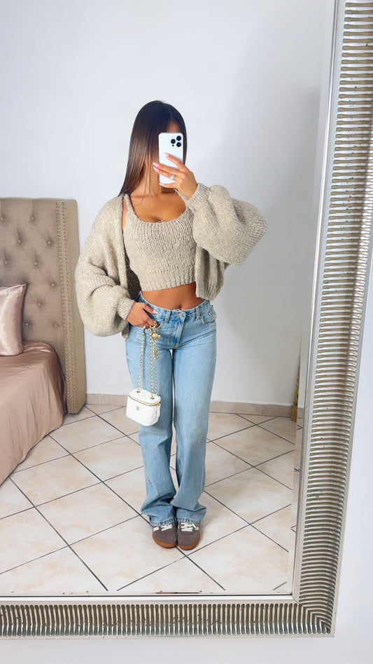 Ensemble débardeur + gilet en maille [TAUPE]