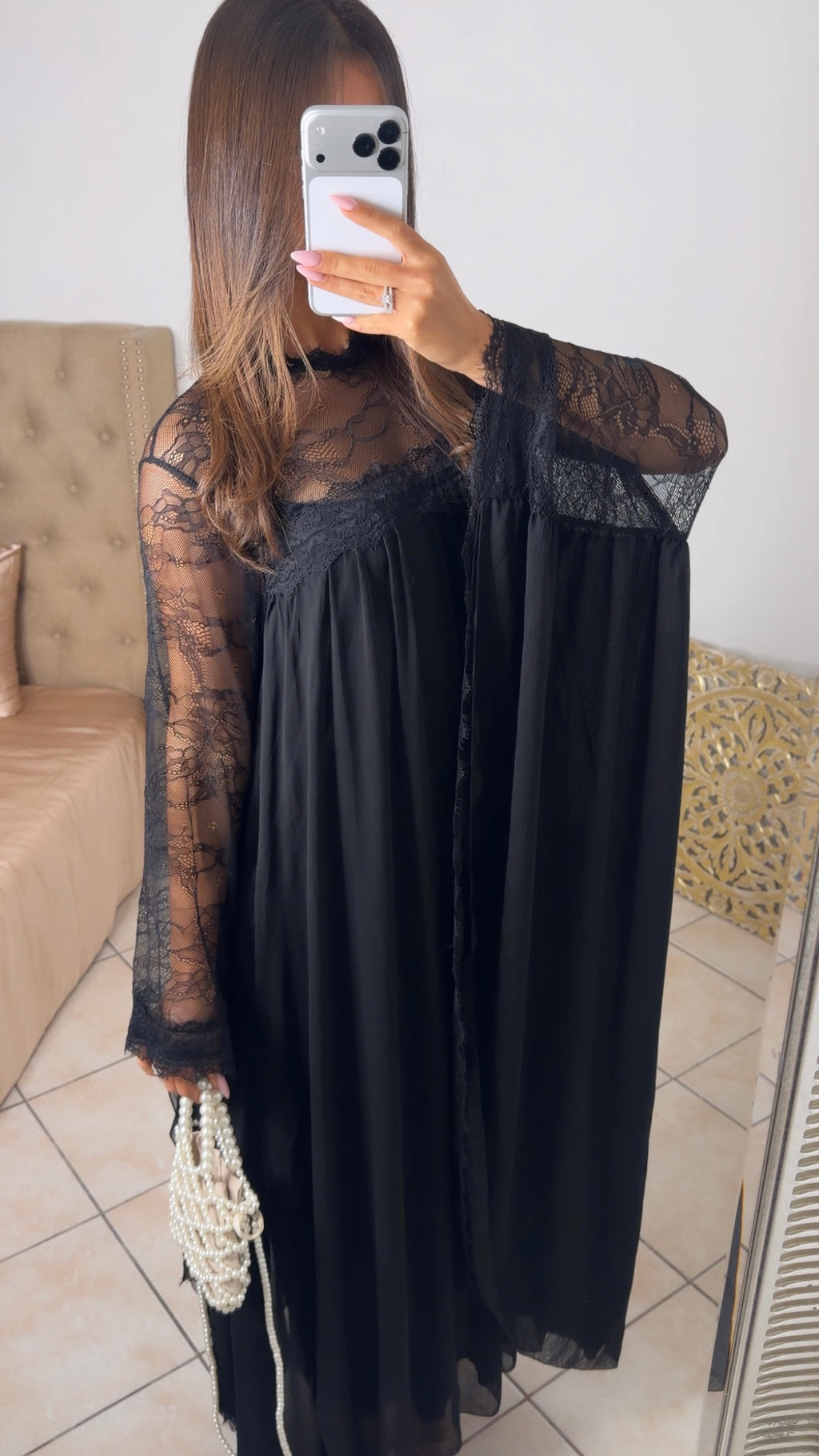 Robe longue à dentelle [NOIR]