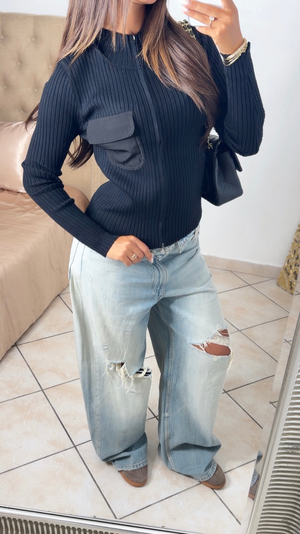 Gilet côtelé à zip [NOIR]