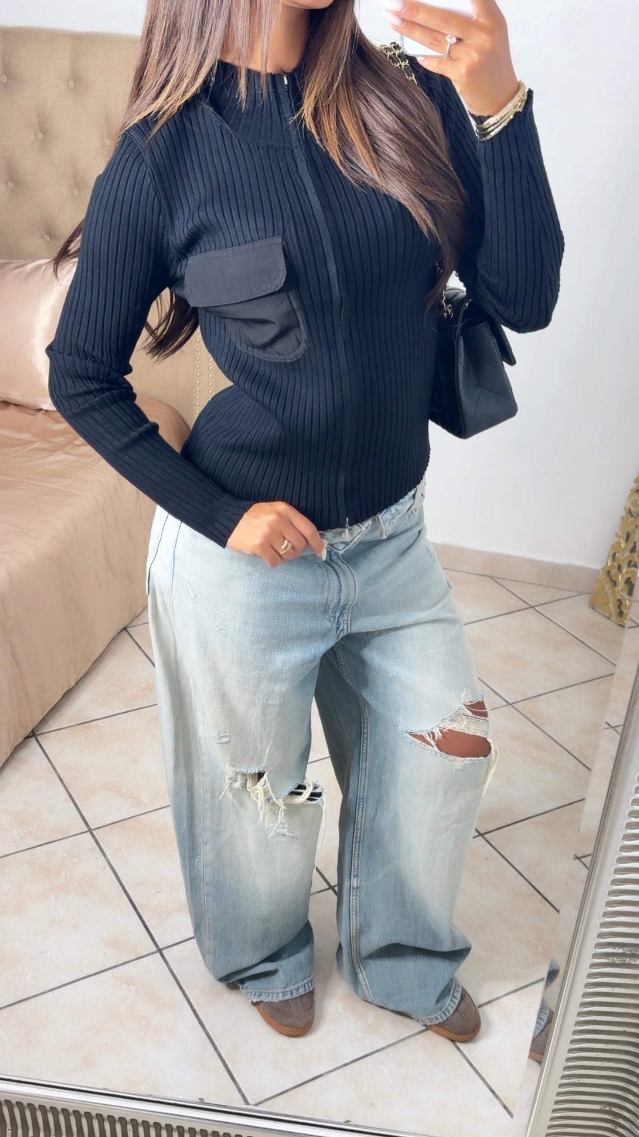 Gilet côtelé à zip [NOIR]