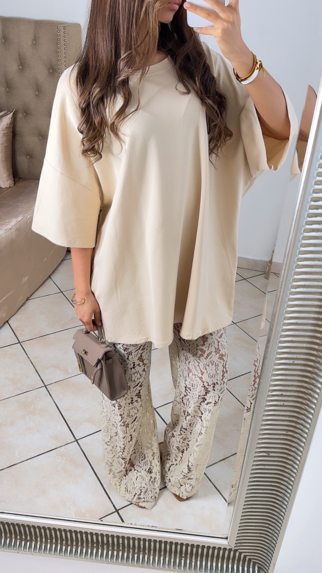 Ensemble t-shirt oversize et pantalon dentelle [BEIGE]
