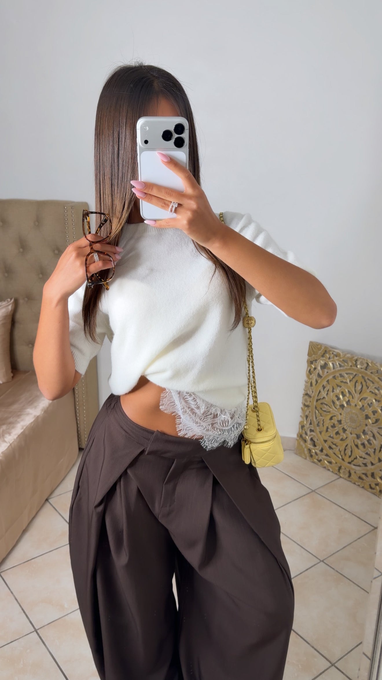 Top en maille douce à détail dentelle [BLANC]