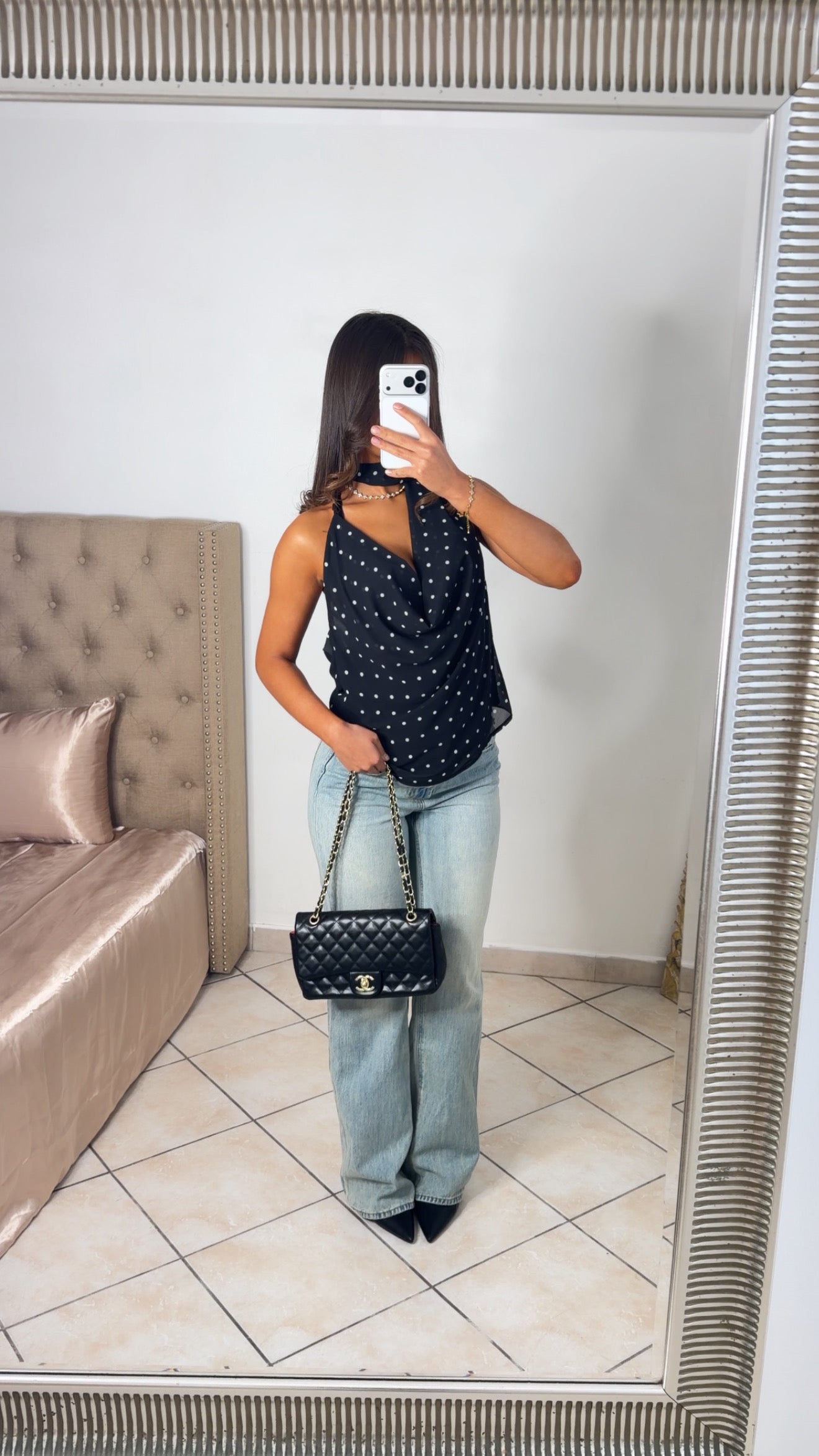 Top col bénitier dos nu avec écharpe à pois [NOIR]