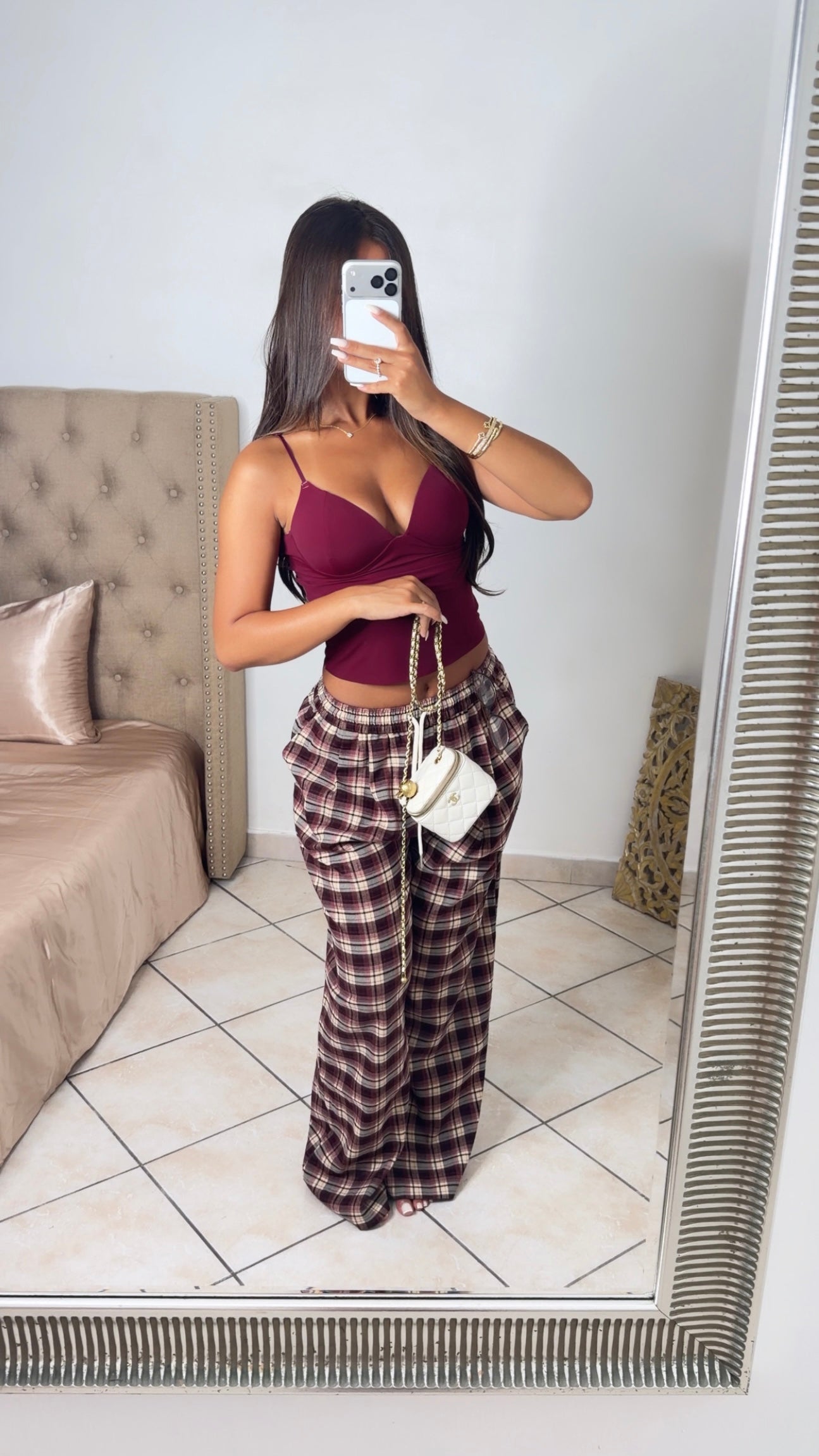 Pantalon à carreaux épais [PRUNE]