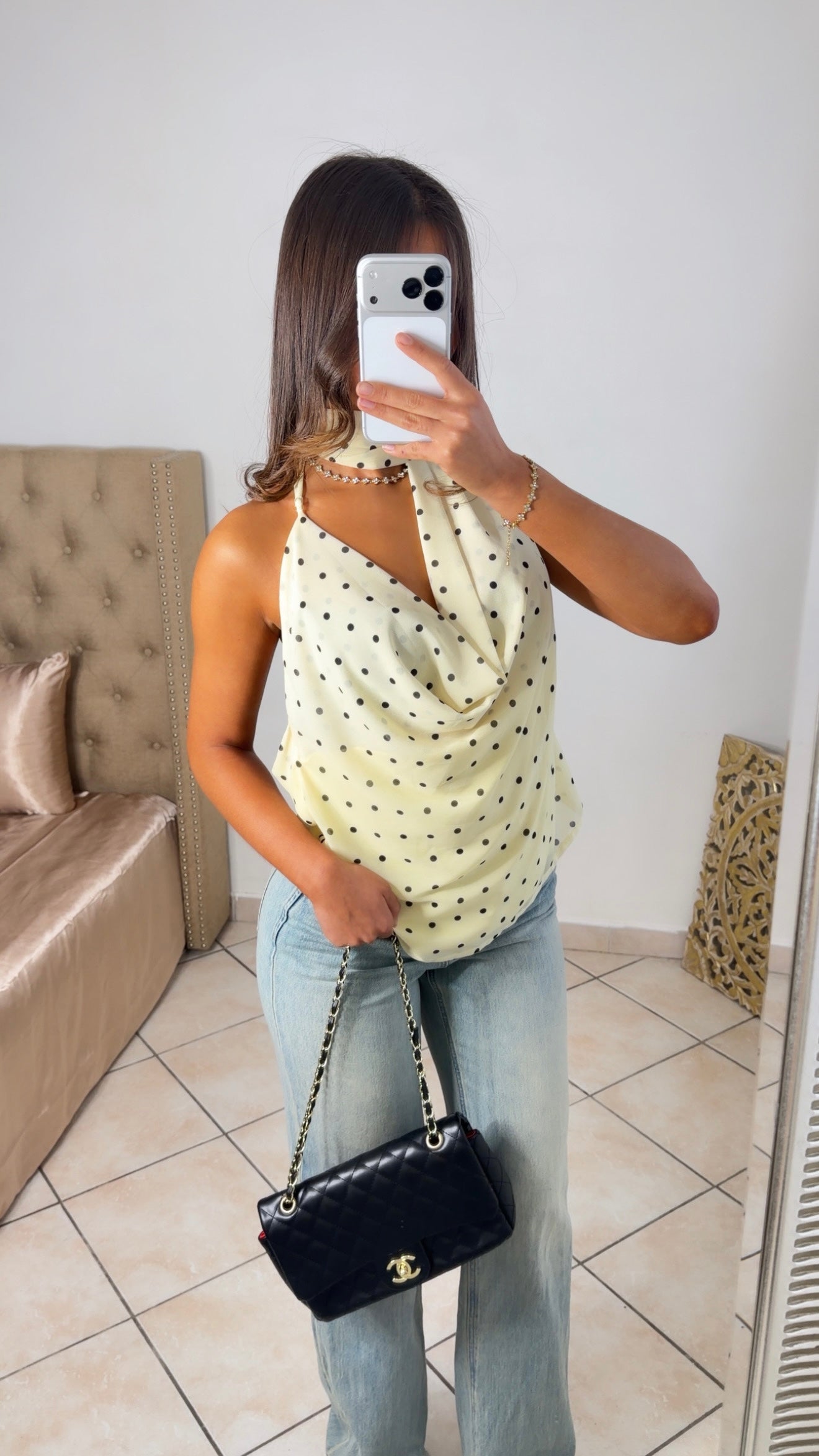 Top col bénitier dos nu avec écharpe à pois [JAUNE]