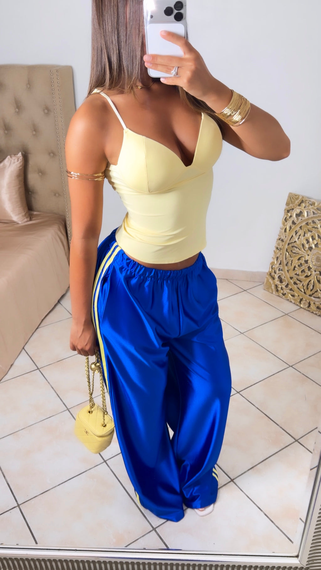 Pantalon satiné à bandes [BLEU]