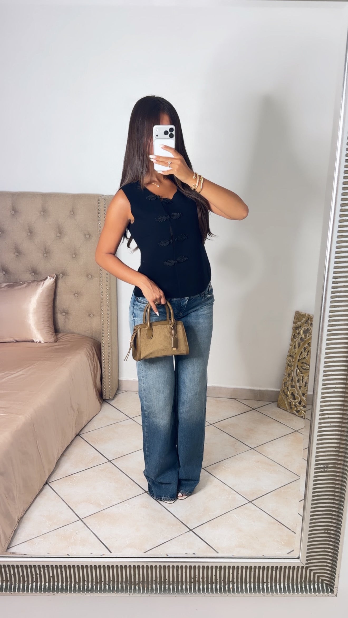 Top en maille sans manches à boutons style asiatique [NOIR]