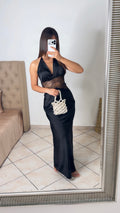 Robe longue satinée à taille en dentelle [NOIR]