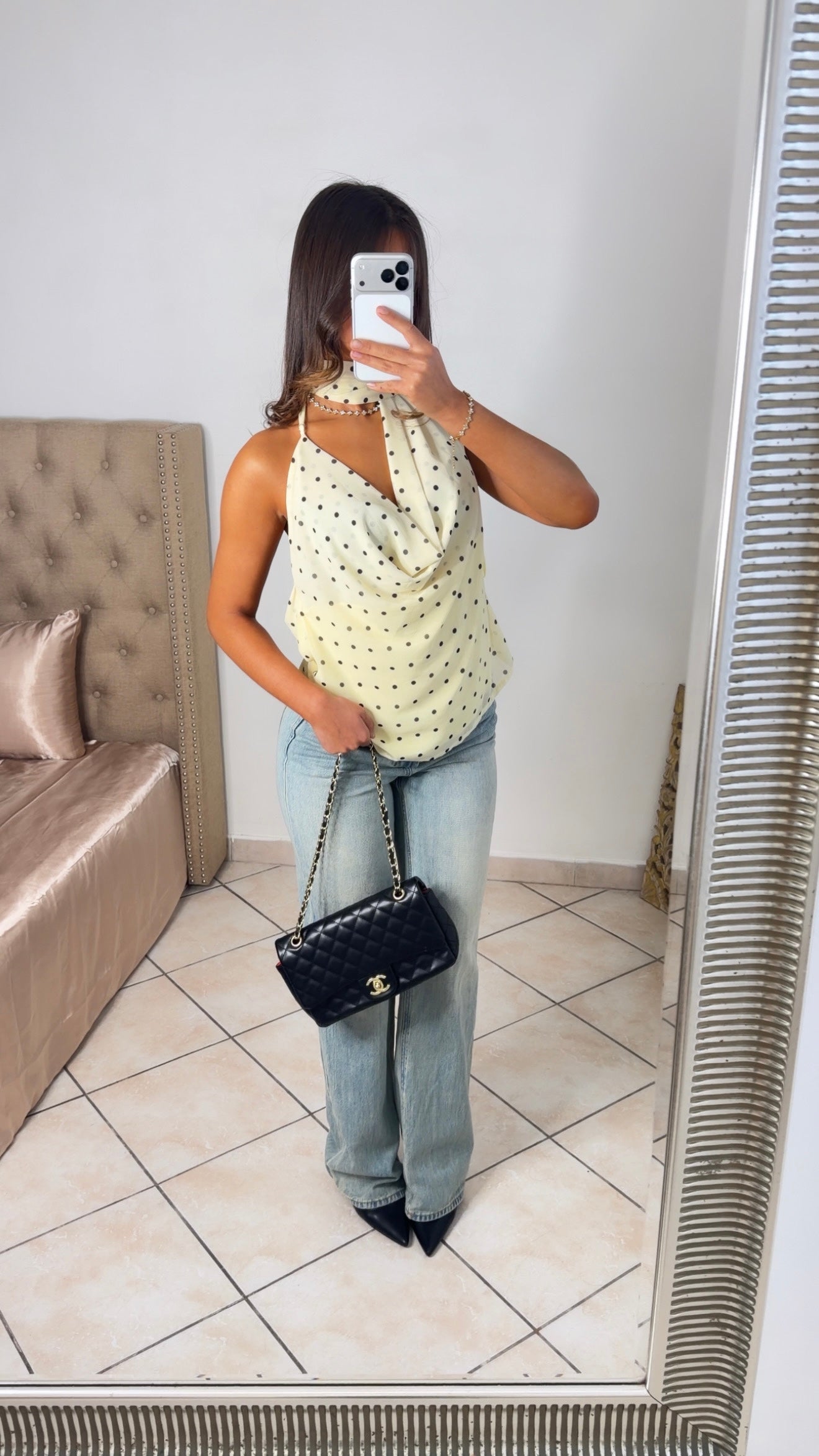 Top col bénitier dos nu avec écharpe à pois [JAUNE]