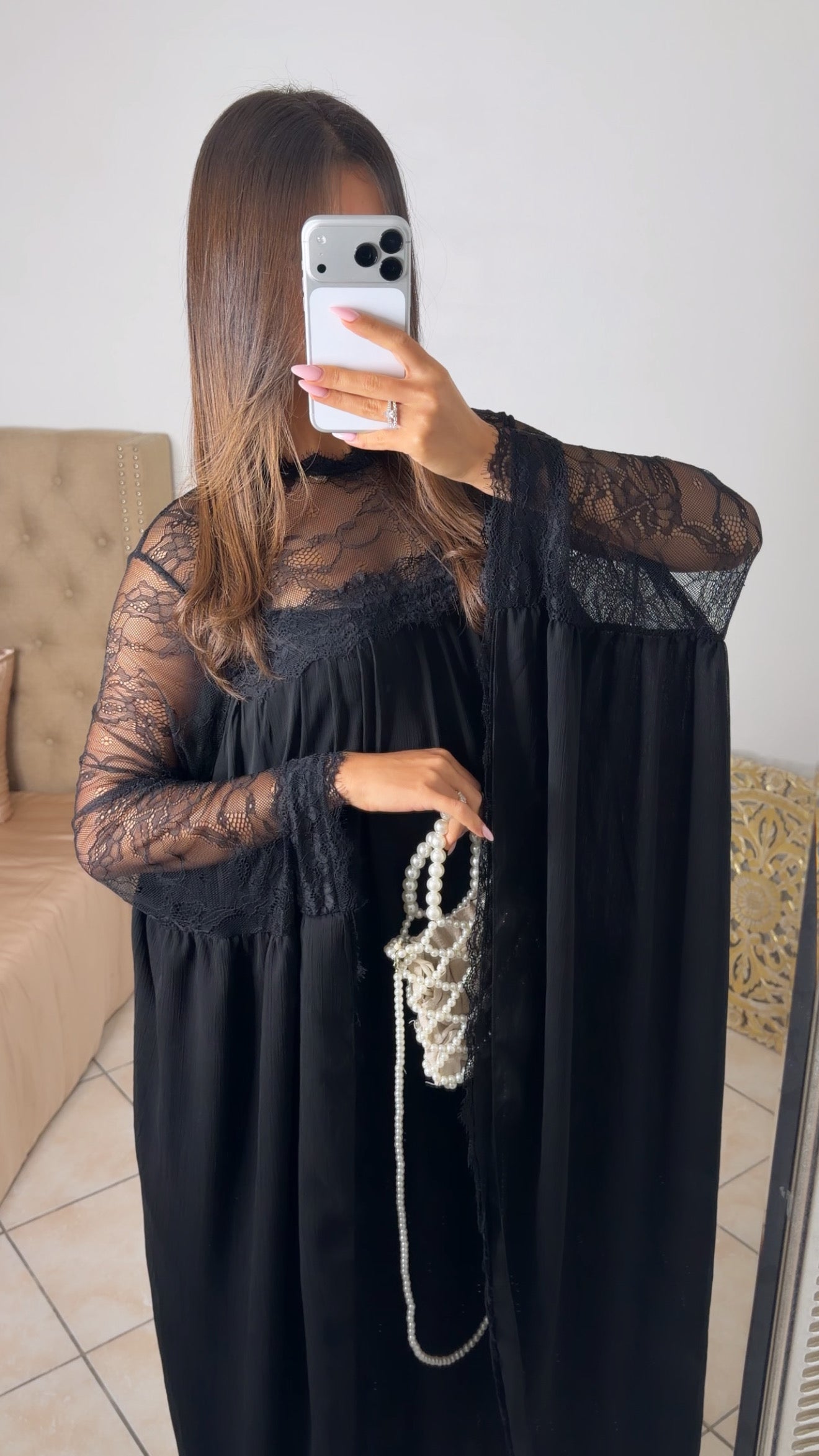 Robe longue à dentelle [NOIR]