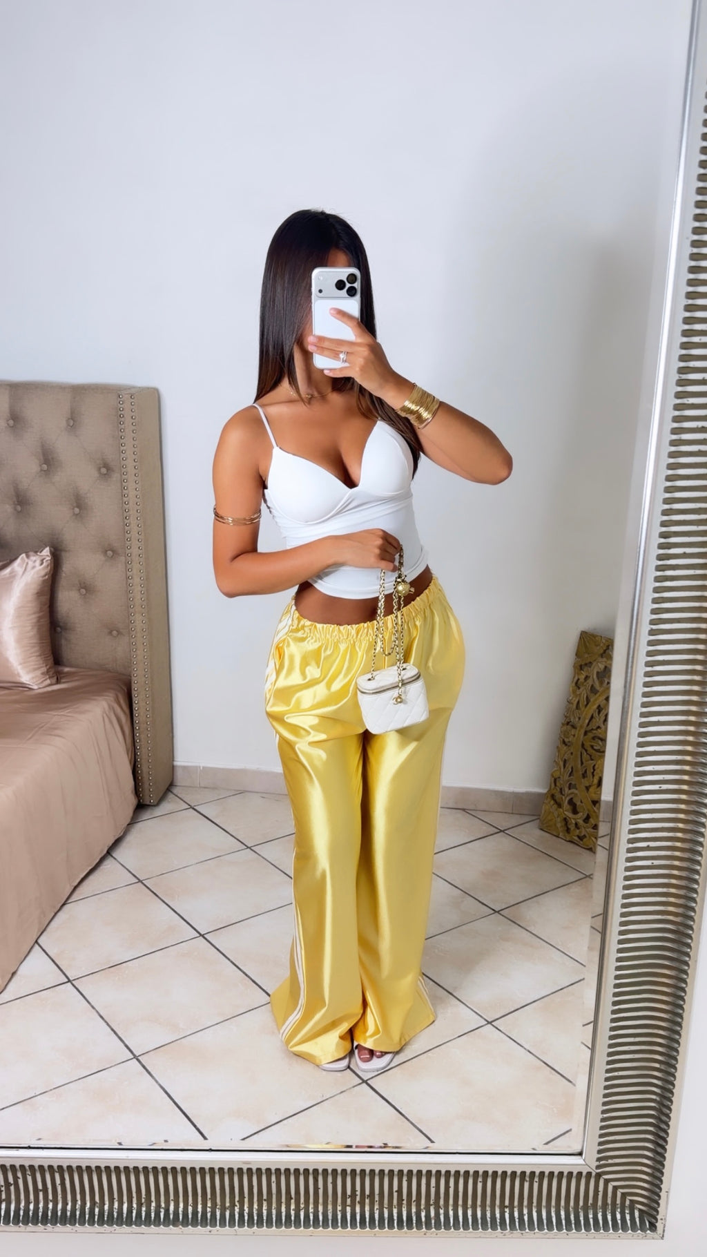 Pantalon satiné à bandes [JAUNE]