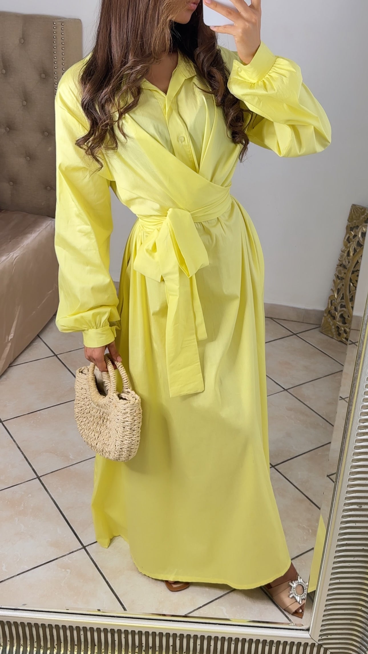 Robe chemise manches longues à ceinture [JAUNE]